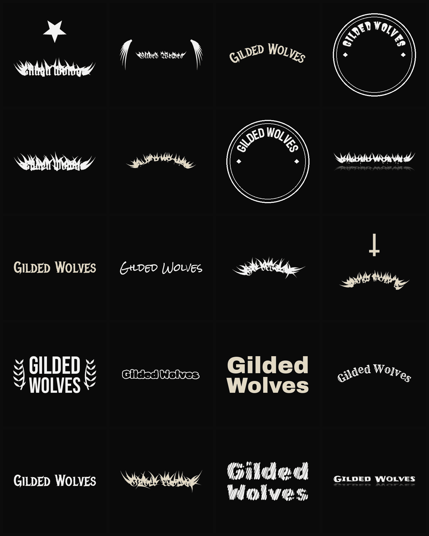 Twenty Gilded Wolves band logo ideas — different faces, treatments and spike settings