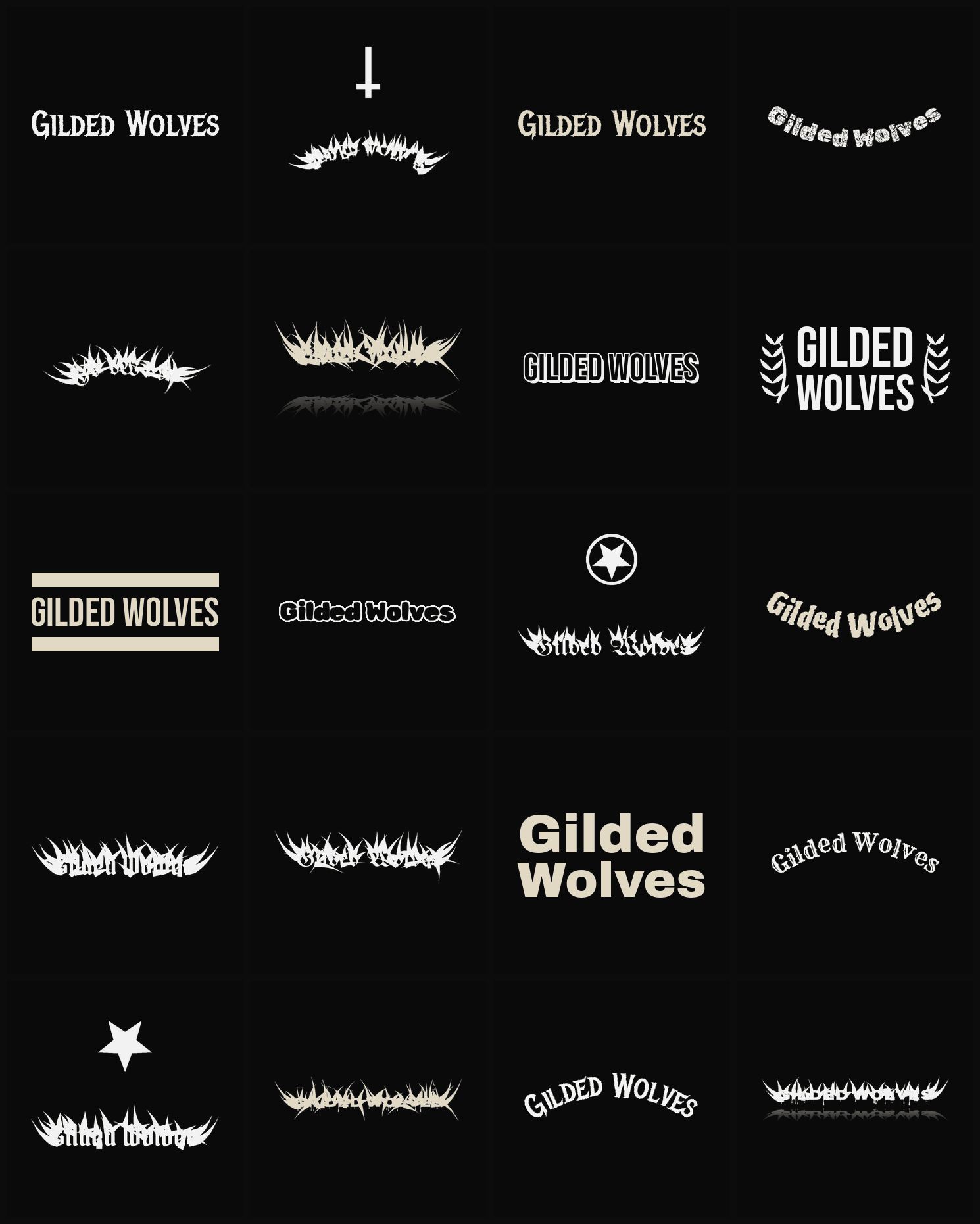 Twenty Gilded Wolves band logo ideas — different faces, treatments and spike settings