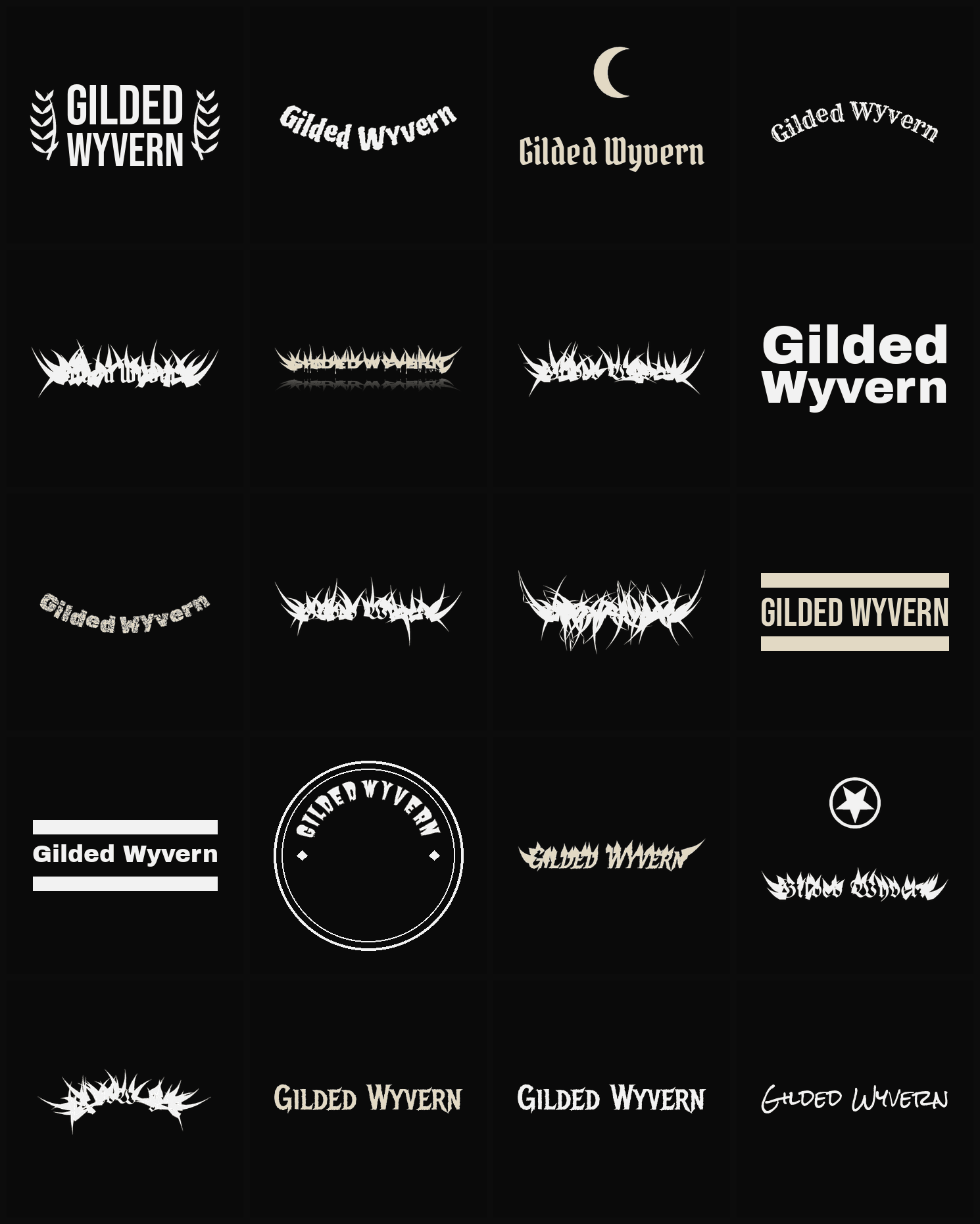 Twenty Gilded Wyvern band logo ideas — different faces, treatments and spike settings