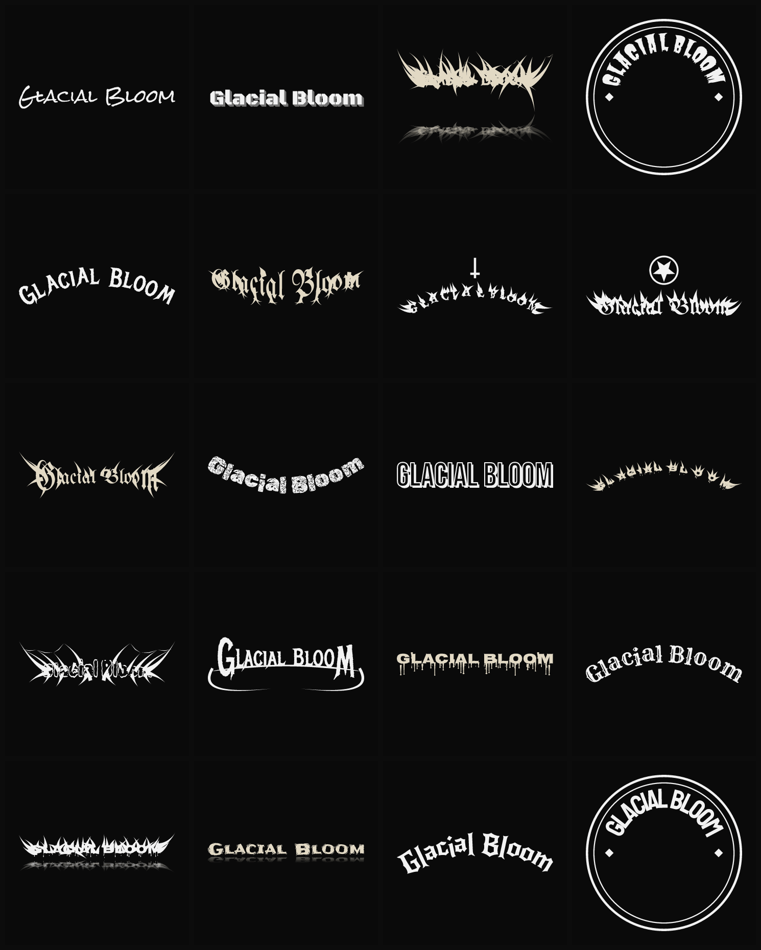 Twenty Glacial Bloom band logo ideas — different faces, treatments and spike settings