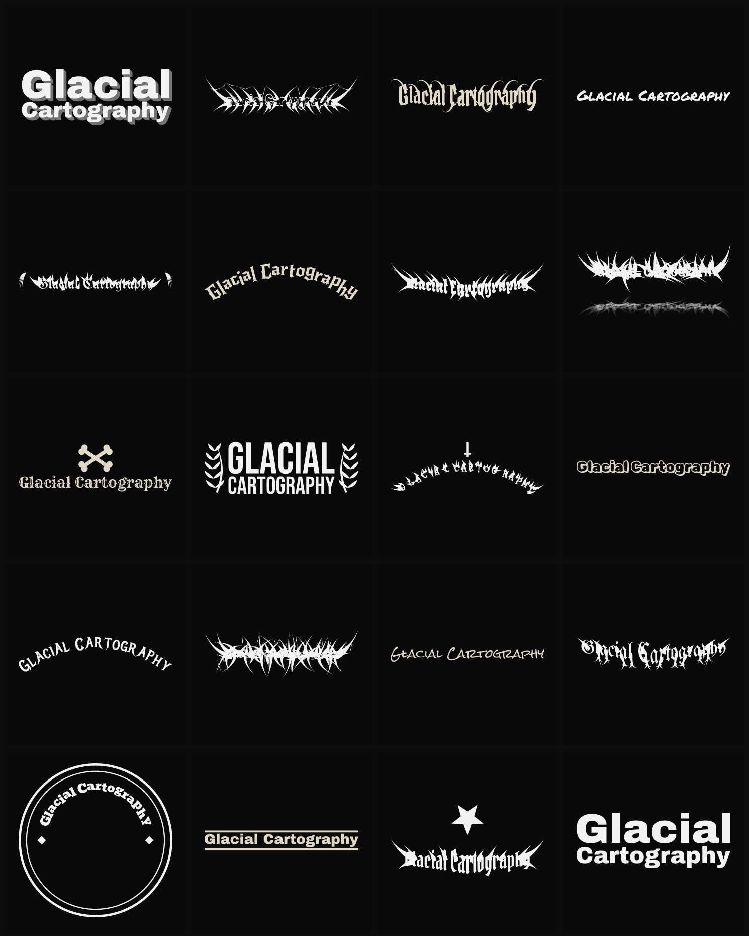 Twenty Glacial Cartography band logo ideas — different faces, treatments and spike settings