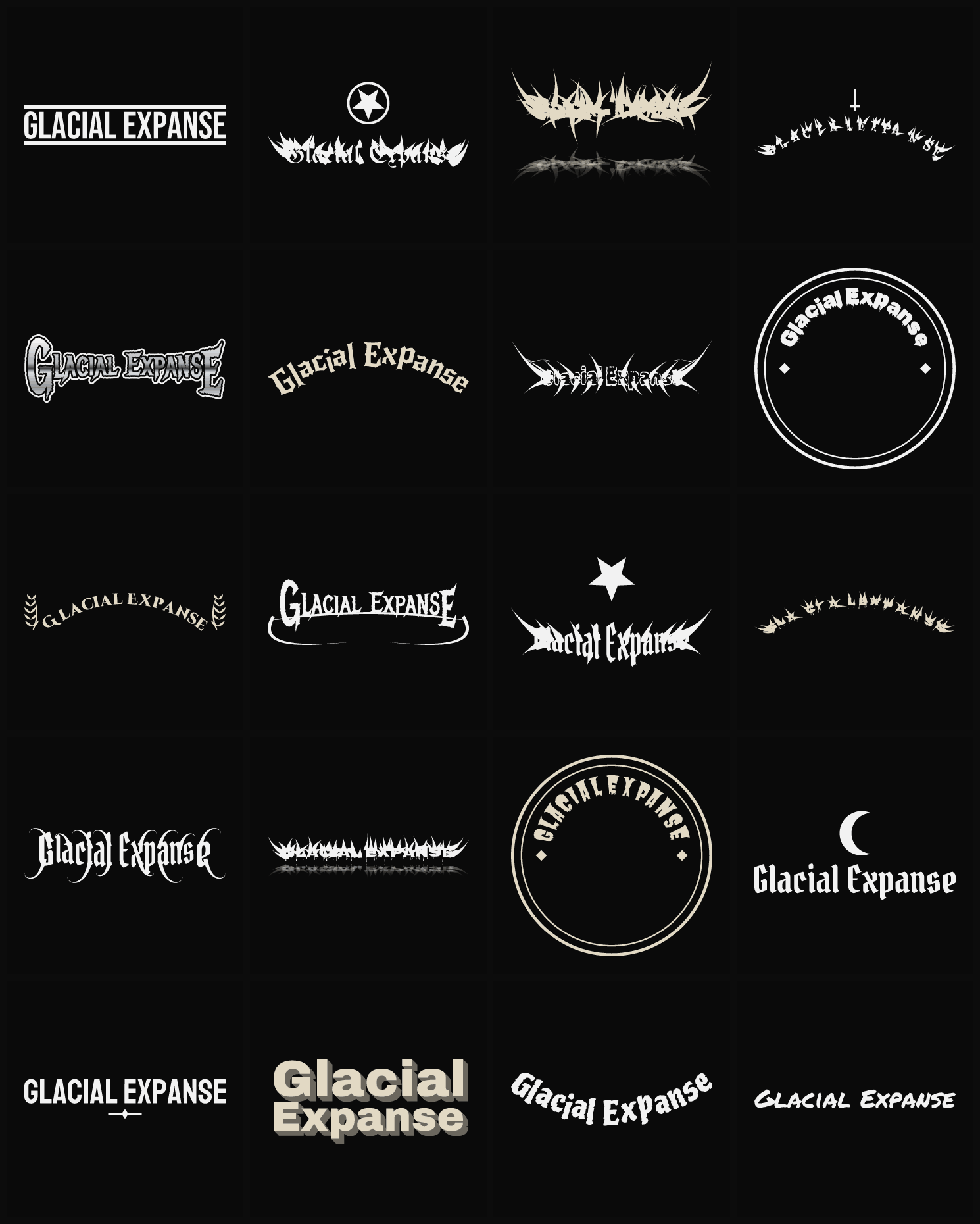 Twenty Glacial Expanse band logo ideas — different faces, treatments and spike settings
