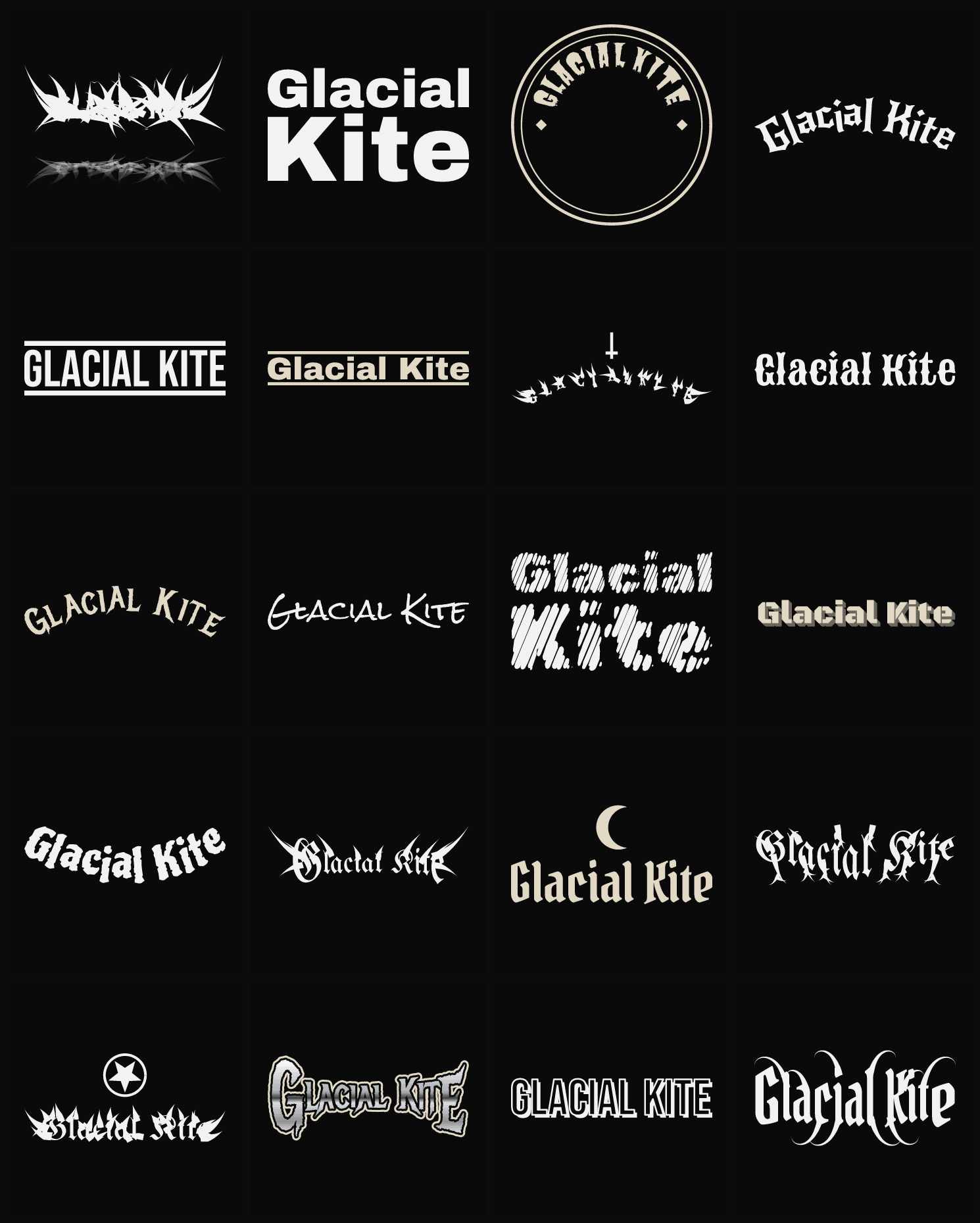 Twenty Glacial Kite band logo ideas — different faces, treatments and spike settings