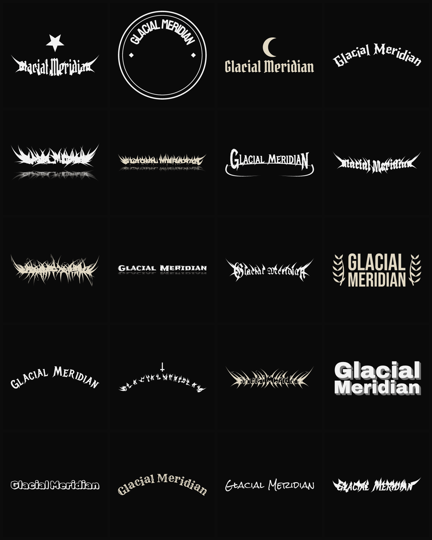 Twenty Glacial Meridian band logo ideas — different faces, treatments and spike settings