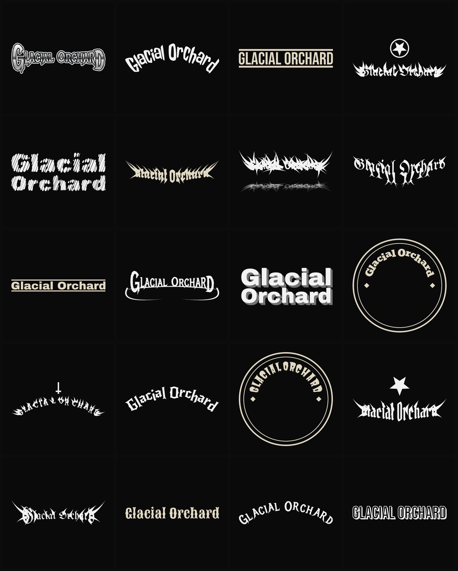 Twenty Glacial Orchard band logo ideas — different faces, treatments and spike settings