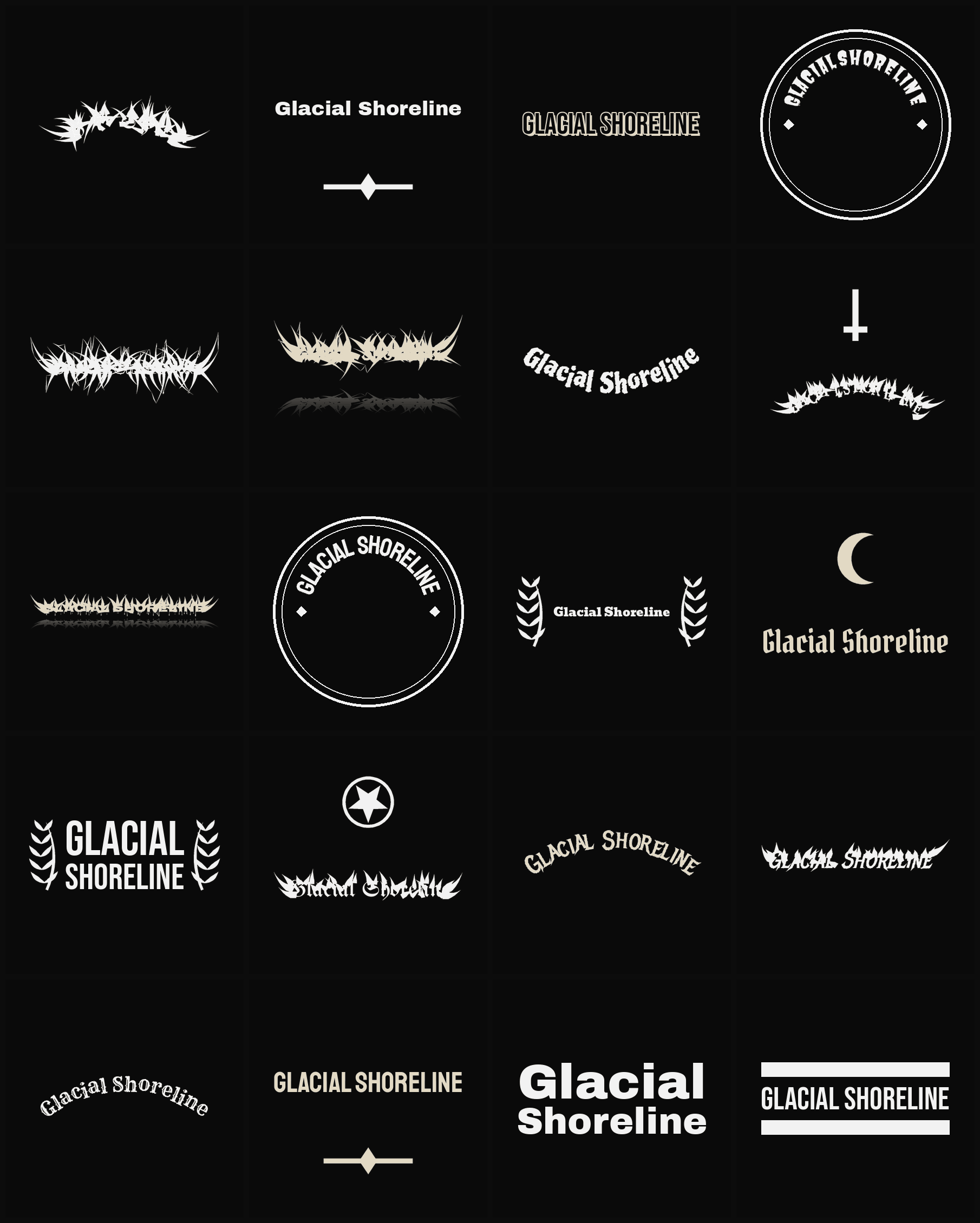 Twenty Glacial Shoreline band logo ideas — different faces, treatments and spike settings