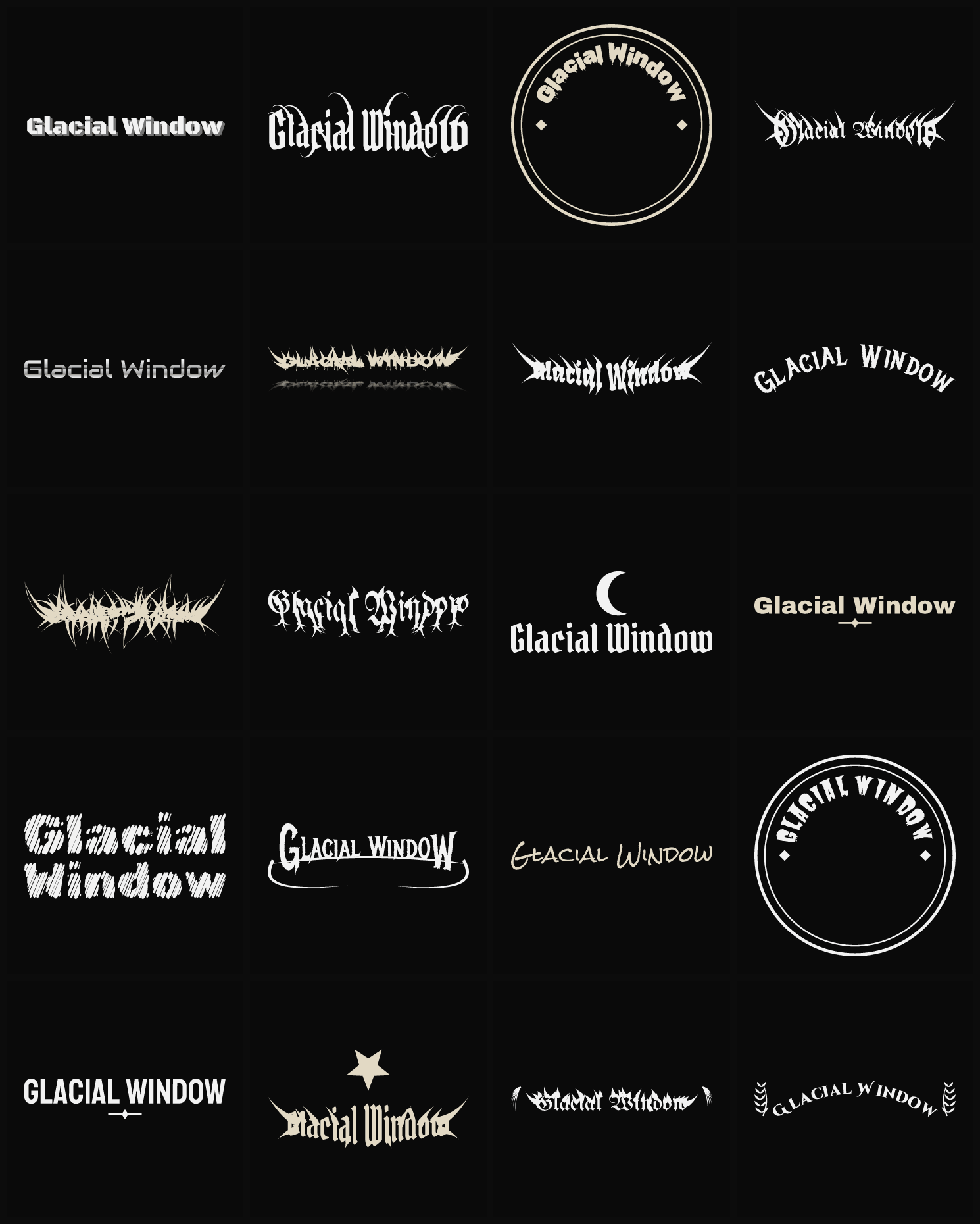 Twenty Glacial Window band logo ideas — different faces, treatments and spike settings
