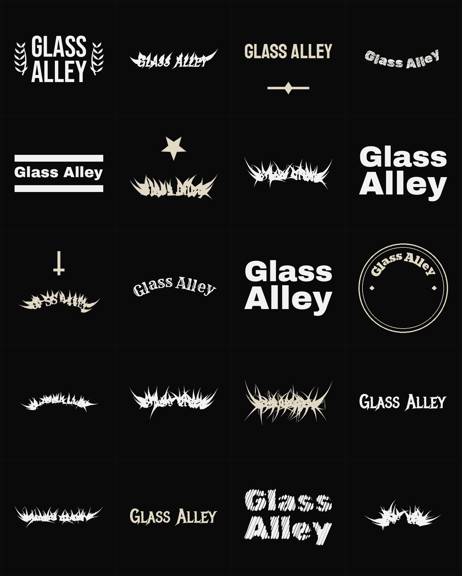 Twenty Glass Alley band logo ideas — different faces, treatments and spike settings
