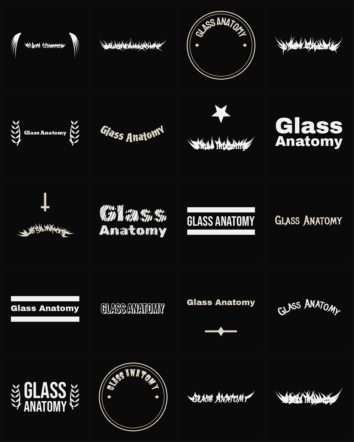 Twenty Glass Anatomy band logo ideas — different faces, treatments and spike settings
