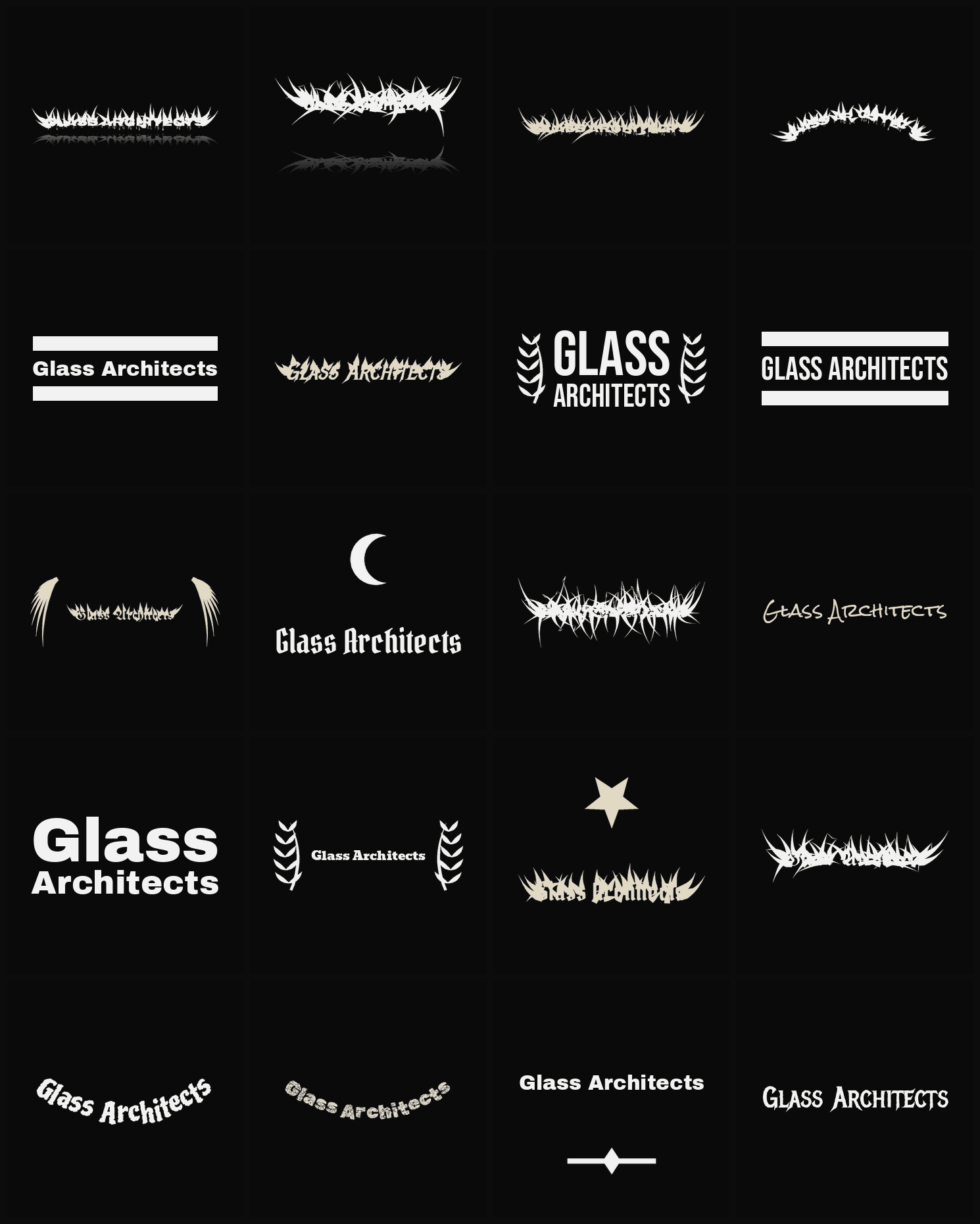 Twenty Glass Architects band logo ideas — different faces, treatments and spike settings