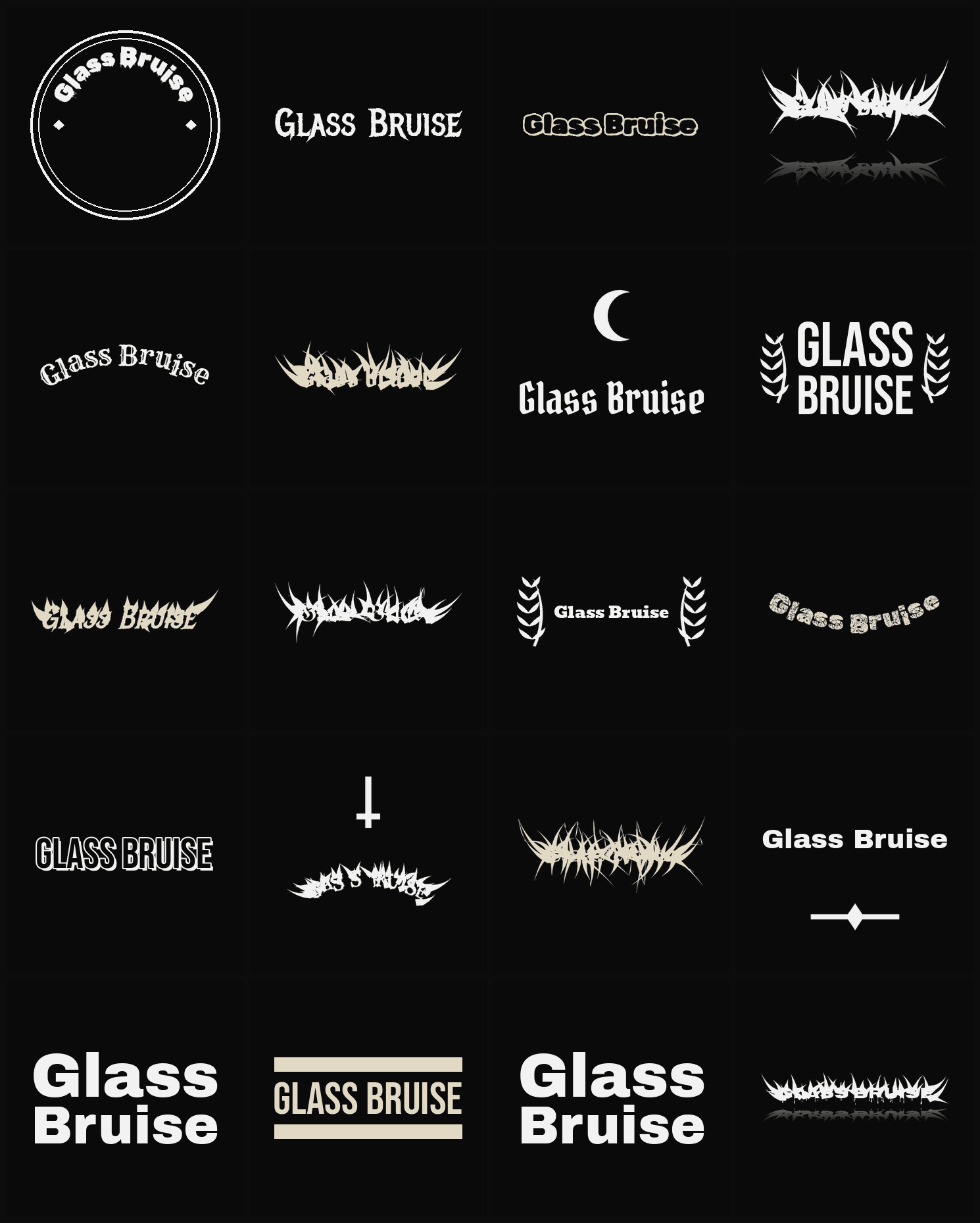 Twenty Glass Bruise band logo ideas — different faces, treatments and spike settings