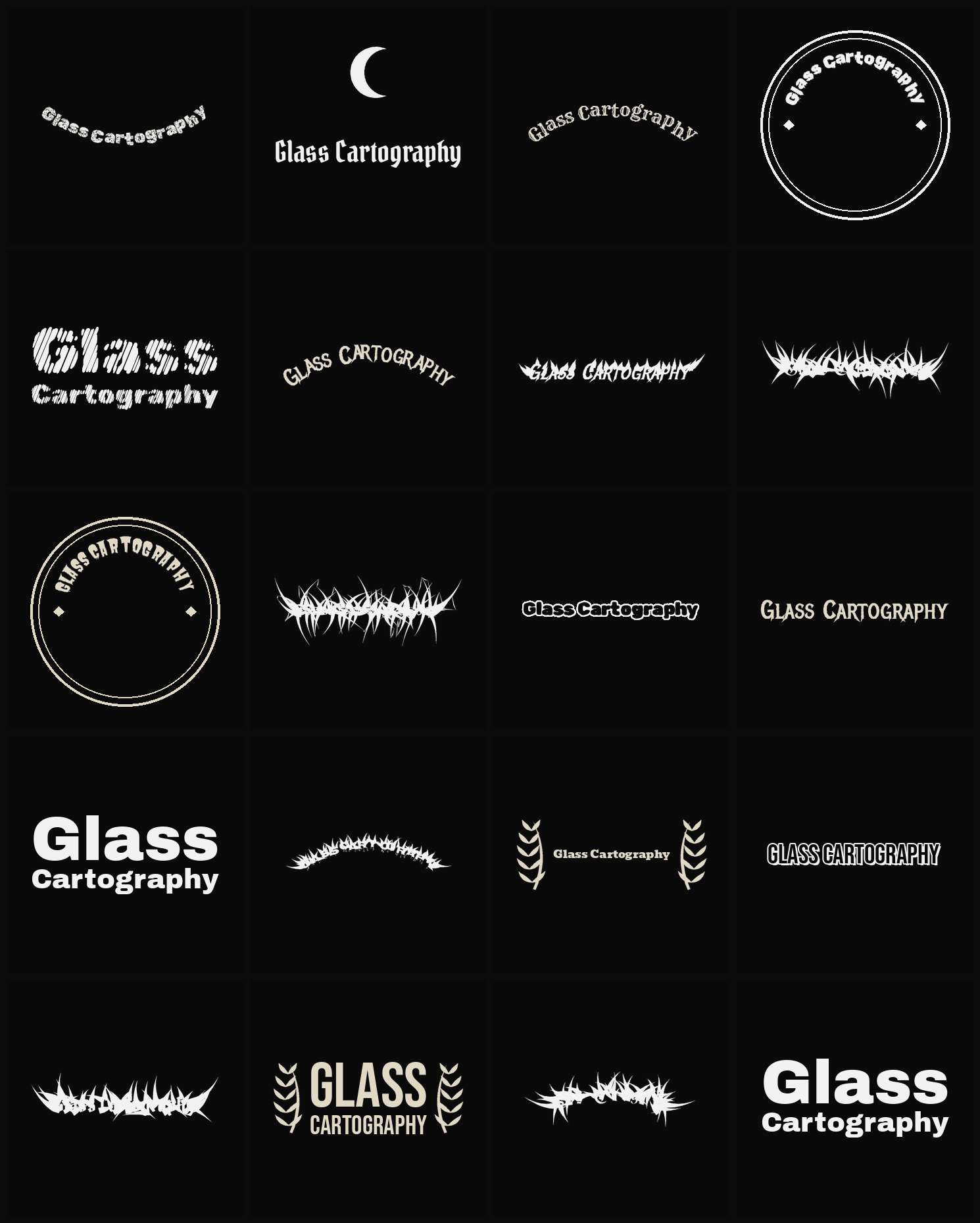 Twenty Glass Cartography band logo ideas — different faces, treatments and spike settings