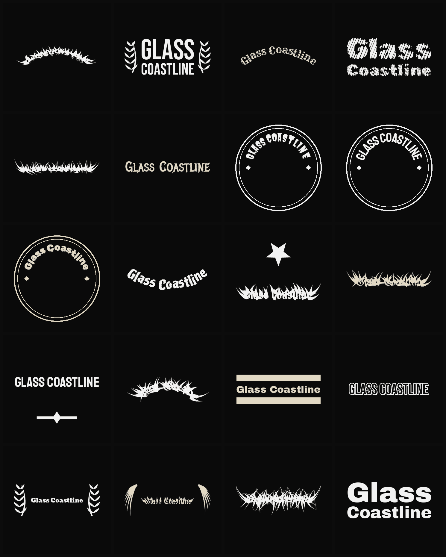 Twenty Glass Coastline band logo ideas — different faces, treatments and spike settings