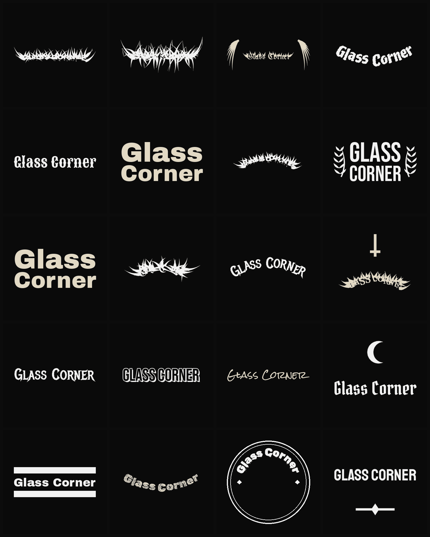 Twenty Glass Corner band logo ideas — different faces, treatments and spike settings