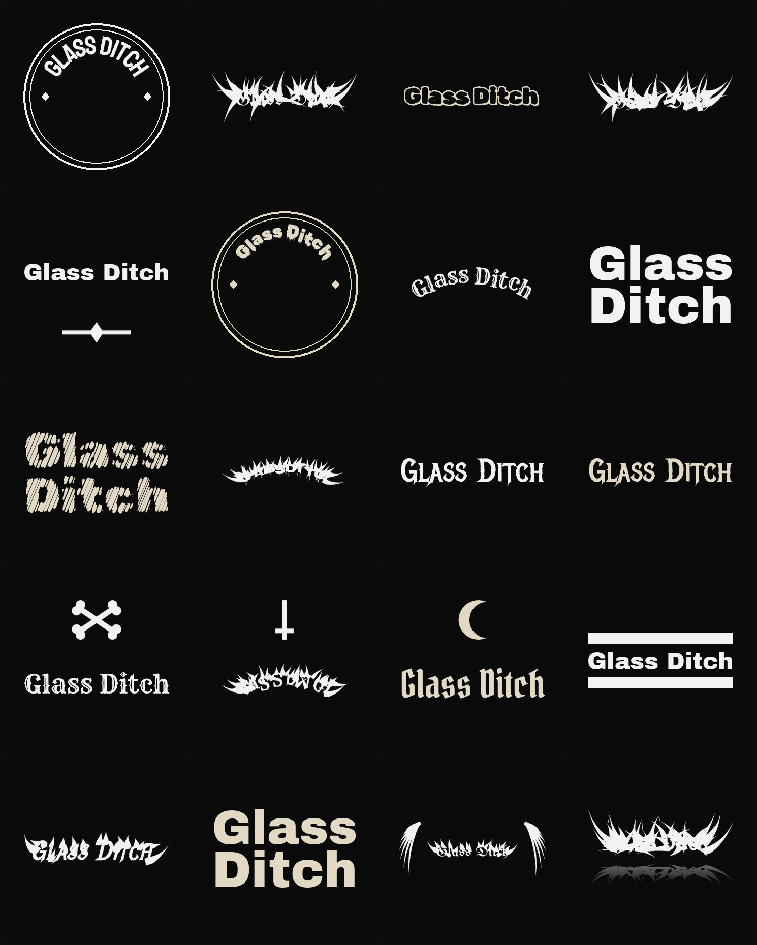 Twenty Glass Ditch band logo ideas — different faces, treatments and spike settings