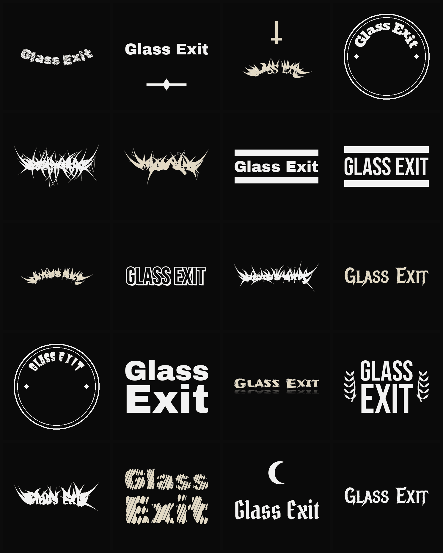 Twenty Glass Exit band logo ideas — different faces, treatments and spike settings