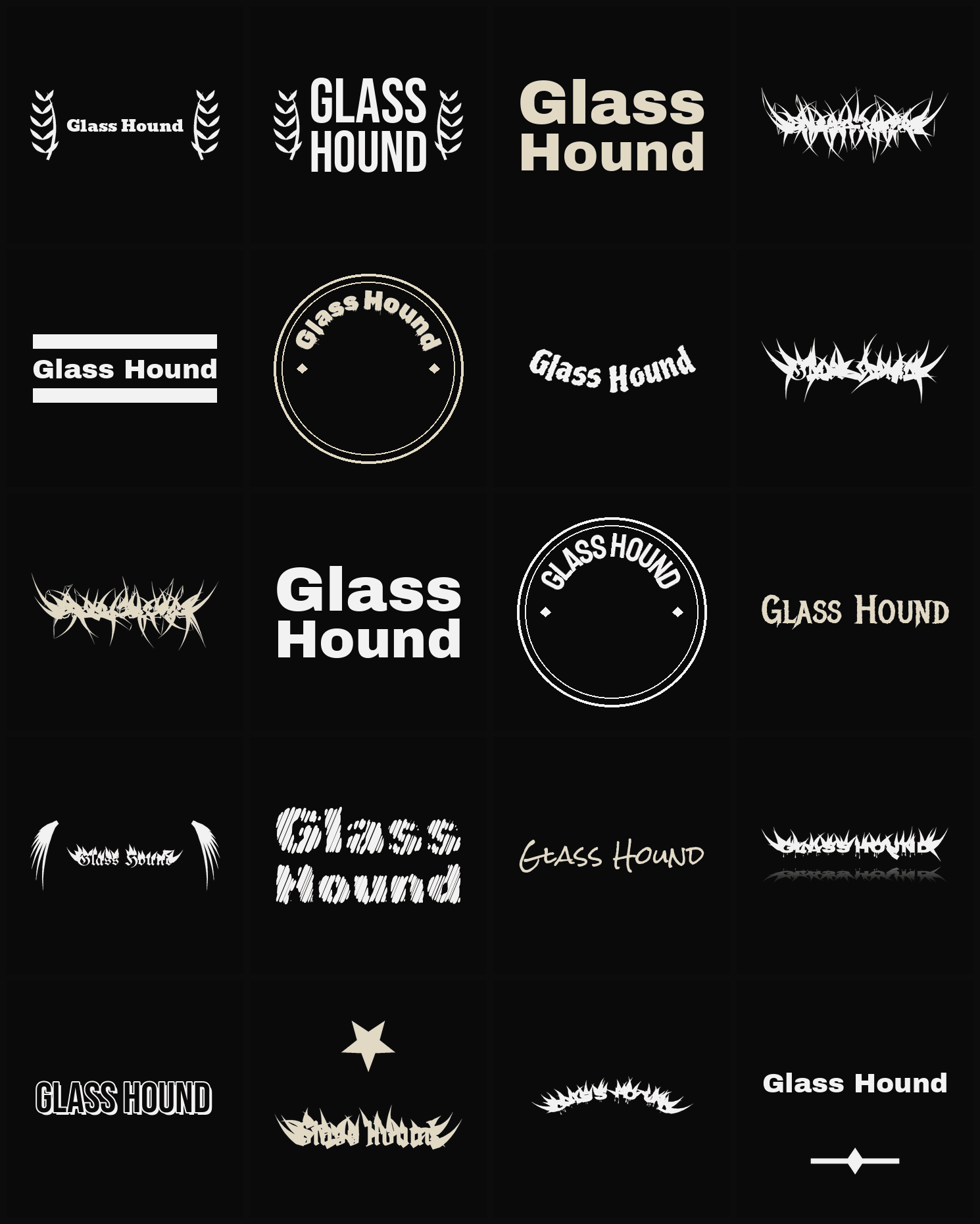 Twenty Glass Hound band logo ideas — different faces, treatments and spike settings