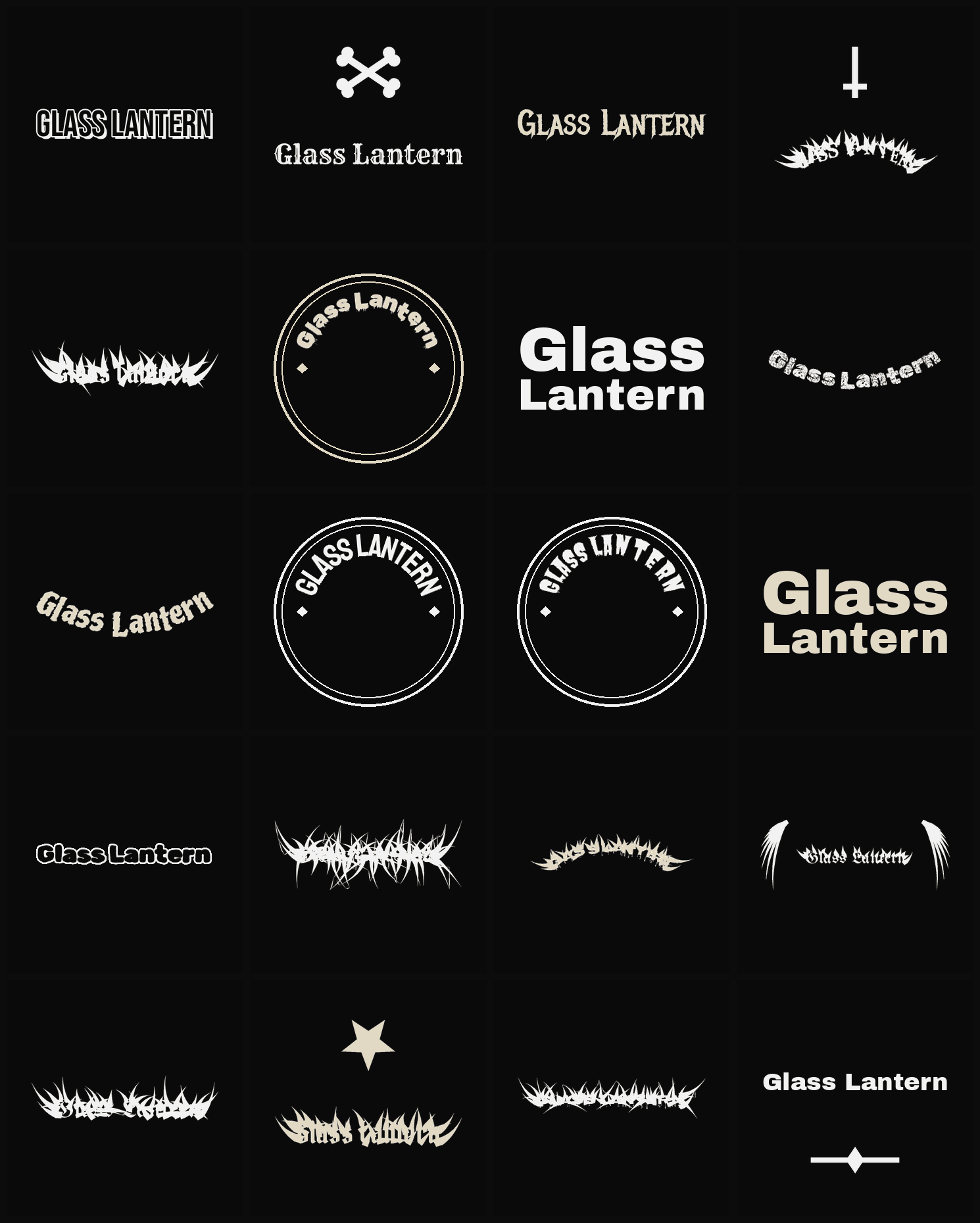 Twenty Glass Lantern band logo ideas — different faces, treatments and spike settings
