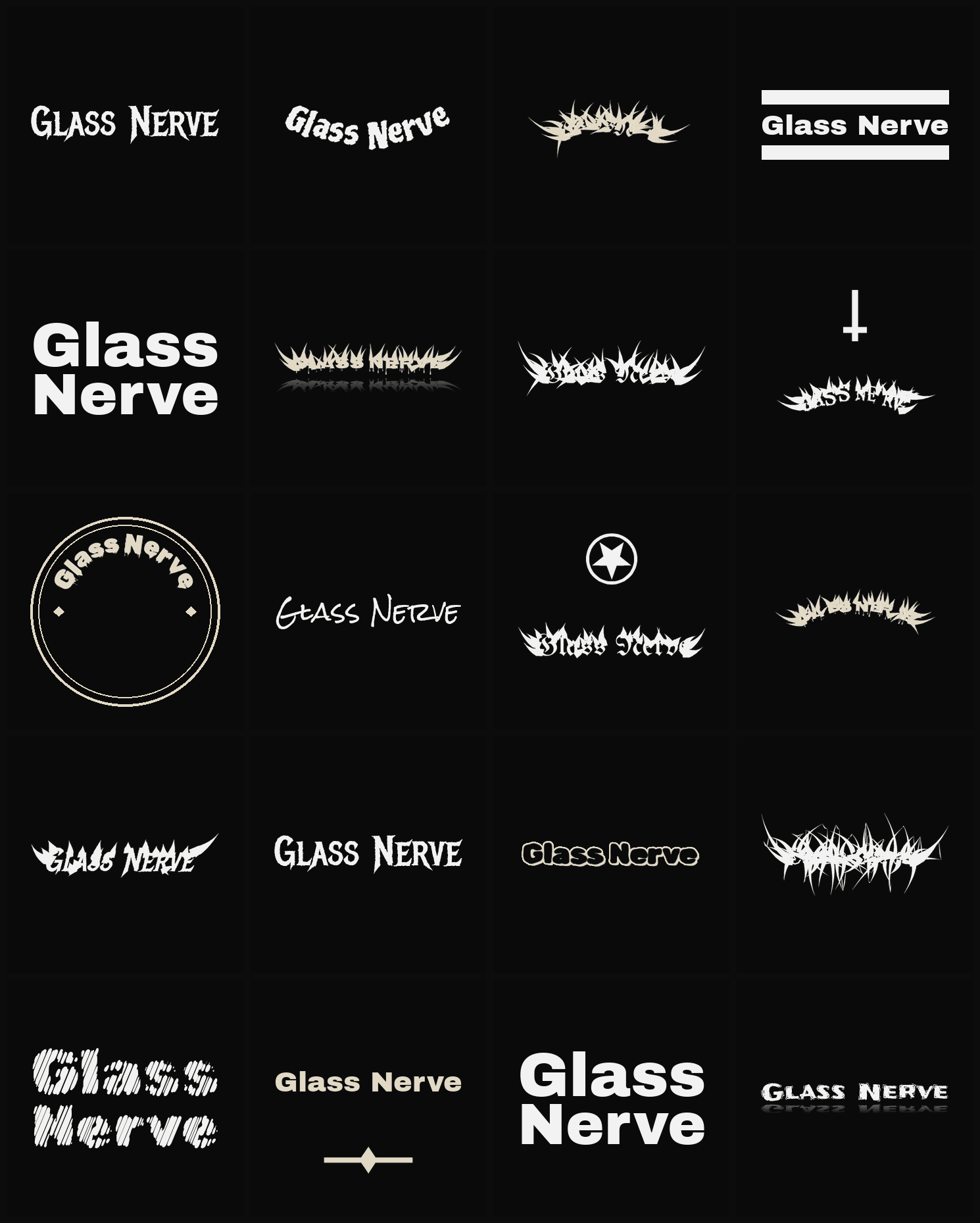 Twenty Glass Nerve band logo ideas — different faces, treatments and spike settings