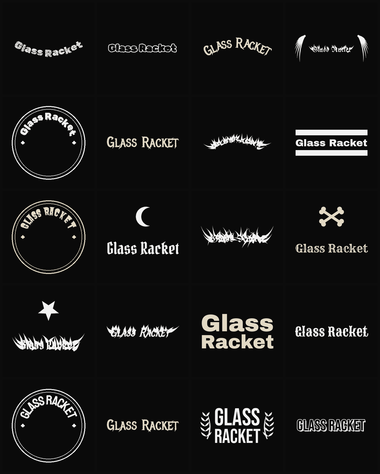 Twenty Glass Racket band logo ideas — different faces, treatments and spike settings