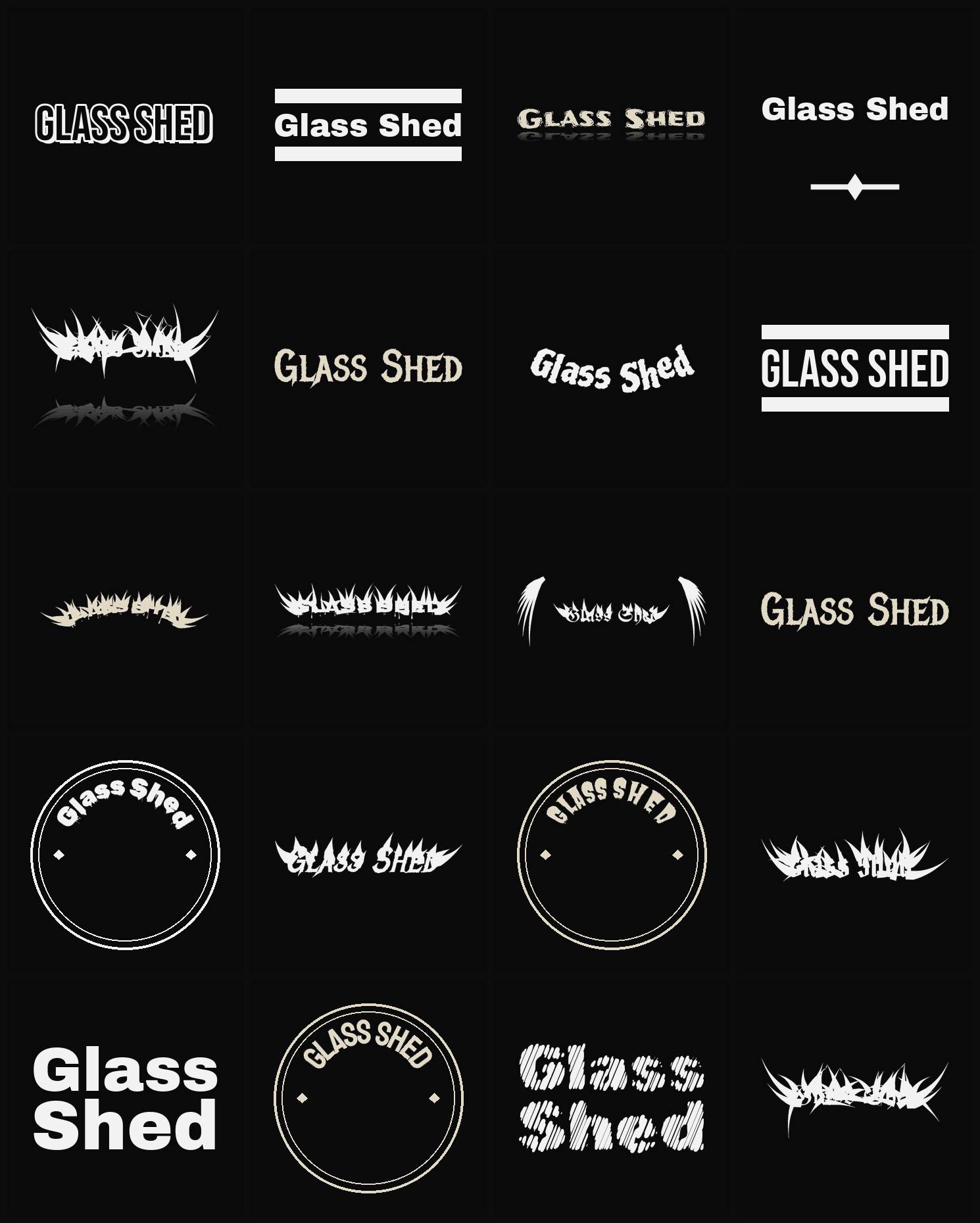 Twenty Glass Shed band logo ideas — different faces, treatments and spike settings