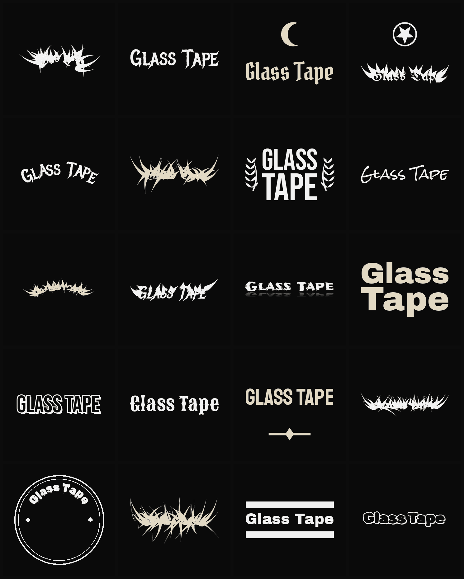 Twenty Glass Tape band logo ideas — different faces, treatments and spike settings