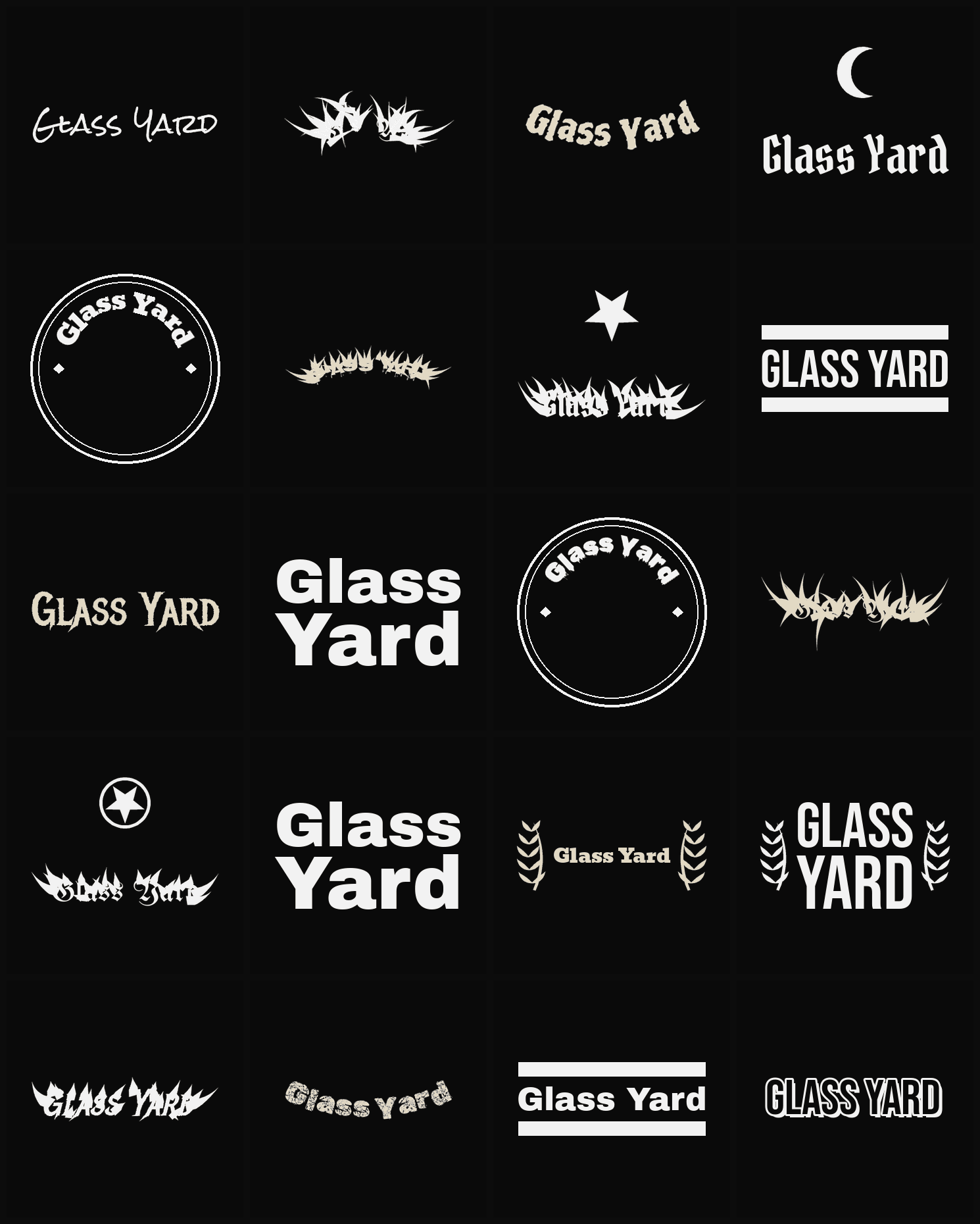 Twenty Glass Yard band logo ideas — different faces, treatments and spike settings