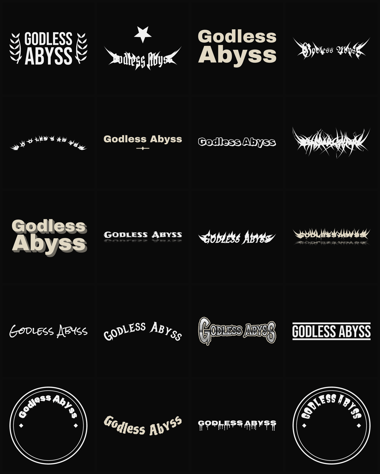 Twenty Godless Abyss band logo ideas — different faces, treatments and spike settings