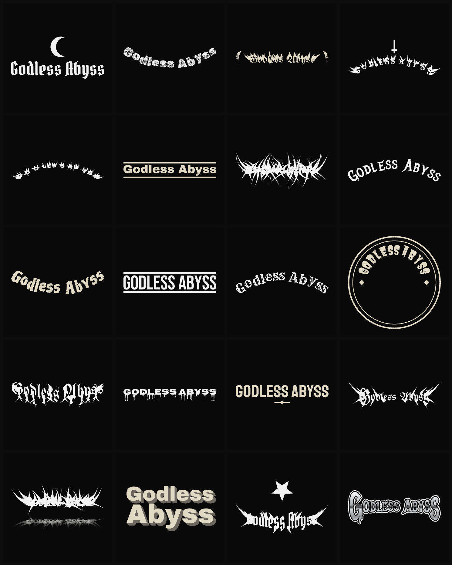 Twenty Godless Abyss band logo ideas — different faces, treatments and spike settings