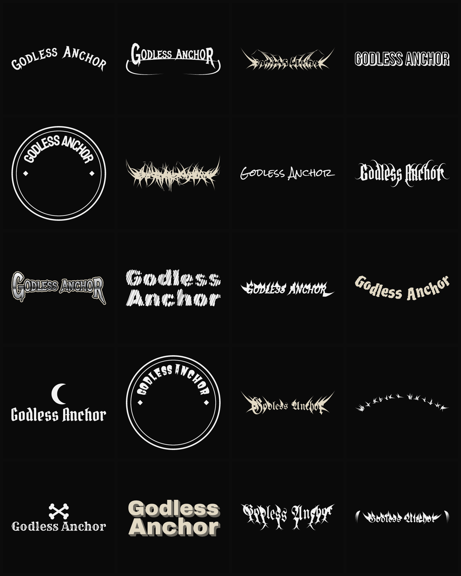 Twenty Godless Anchor band logo ideas — different faces, treatments and spike settings