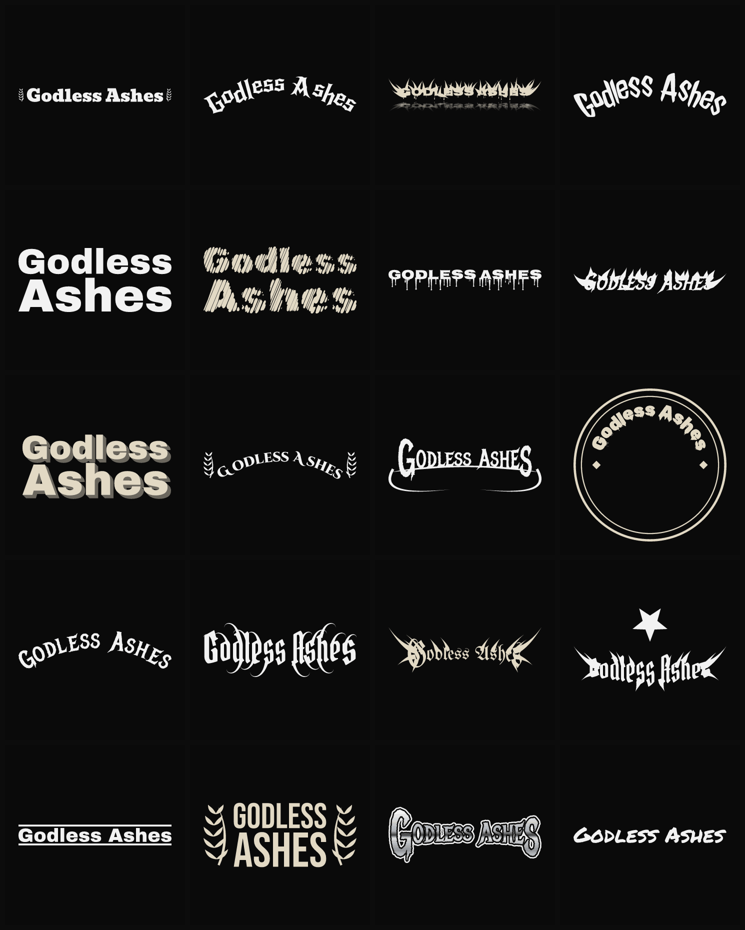 Twenty Godless Ashes band logo ideas — different faces, treatments and spike settings