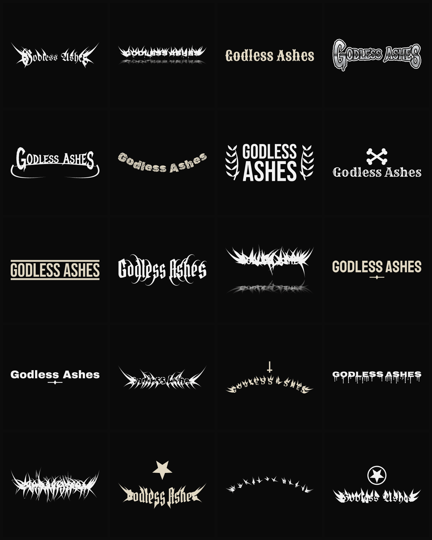 Twenty Godless Ashes band logo ideas — different faces, treatments and spike settings