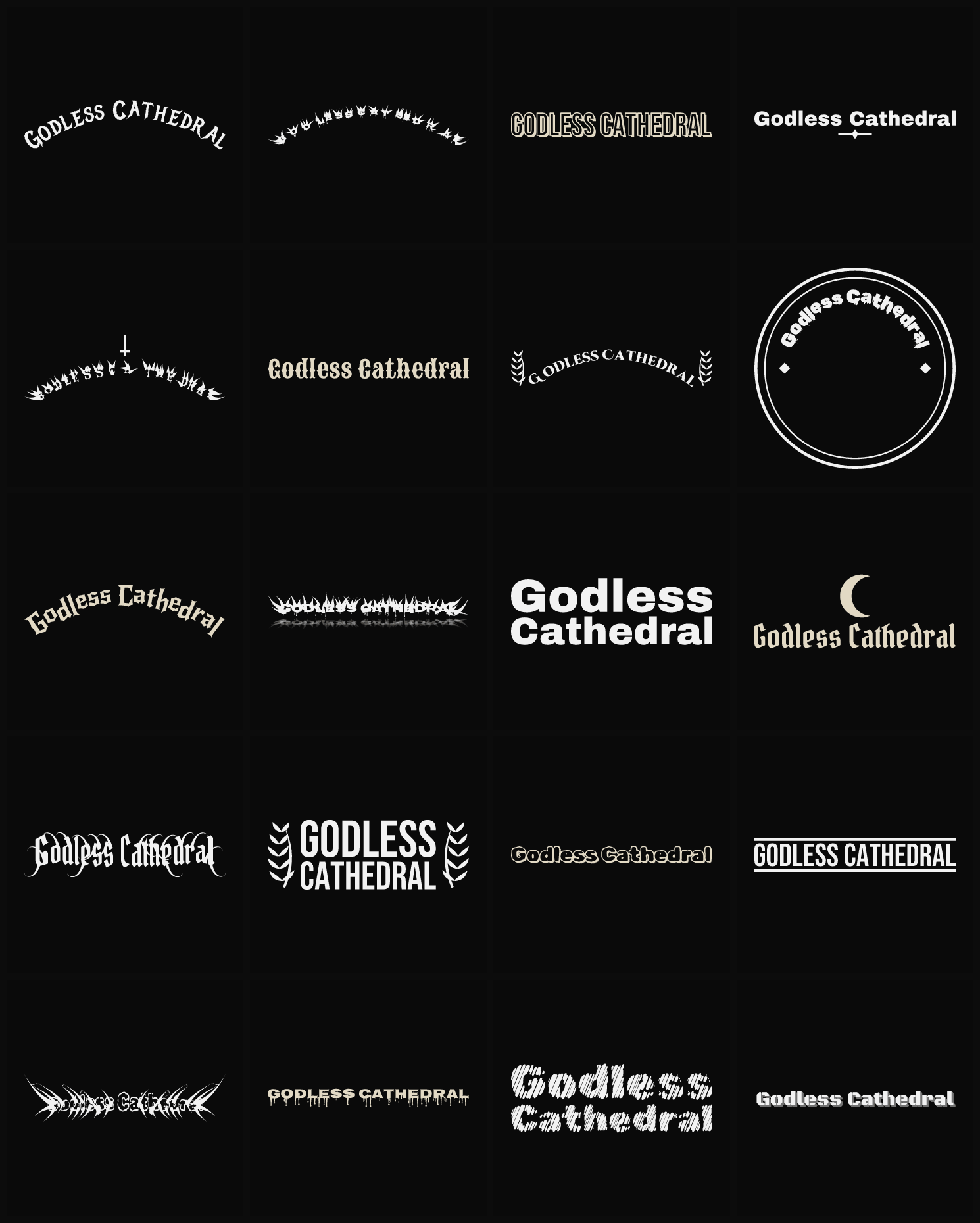 Twenty Godless Cathedral band logo ideas — different faces, treatments and spike settings