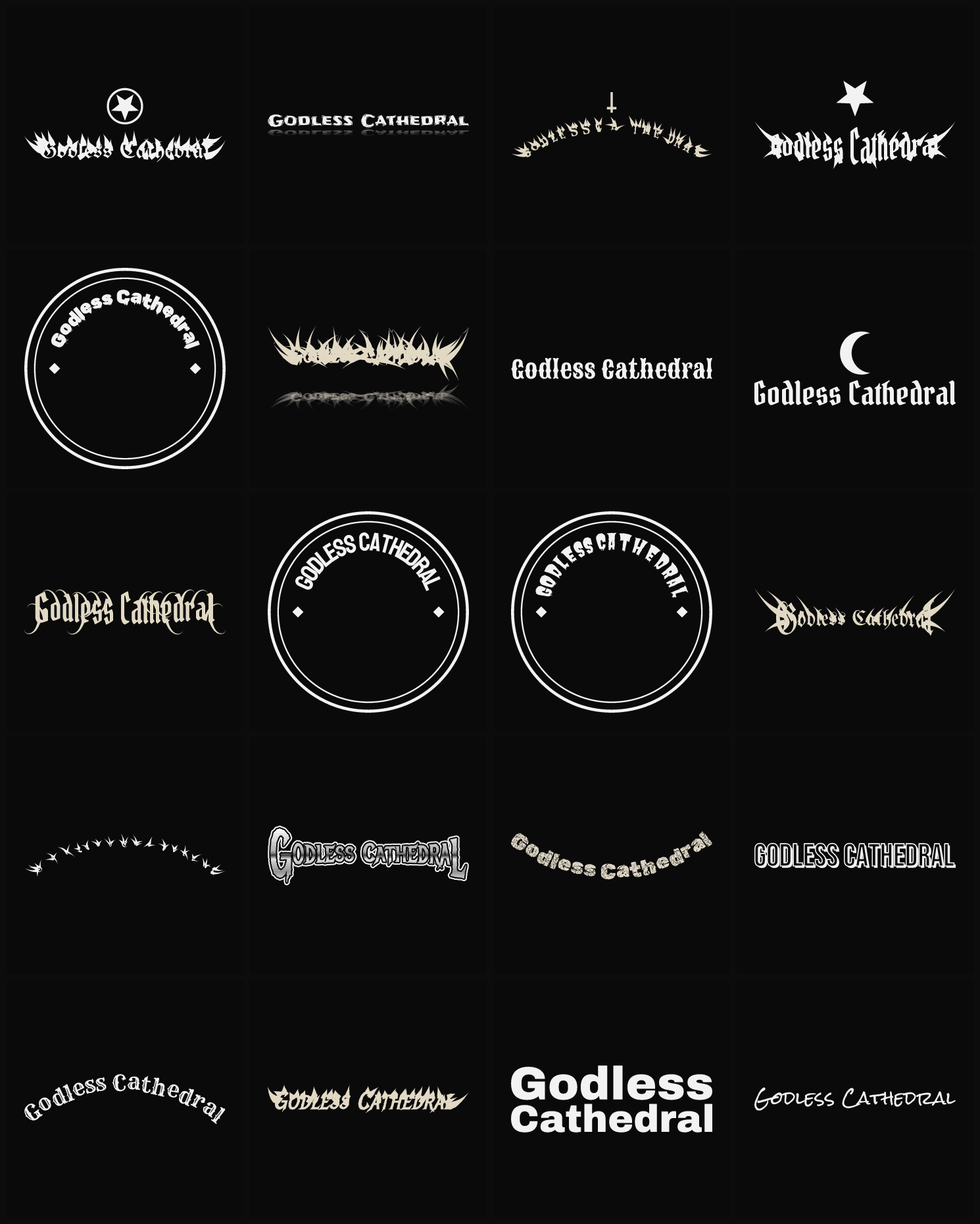 Twenty Godless Cathedral band logo ideas — different faces, treatments and spike settings