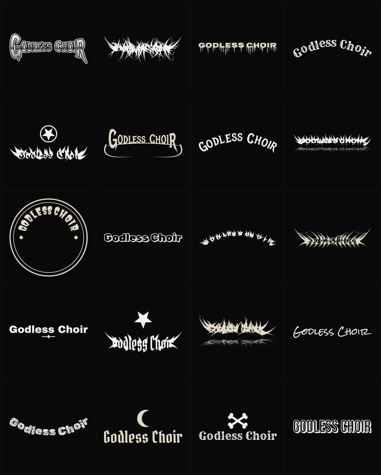 Twenty Godless Choir band logo ideas — different faces, treatments and spike settings