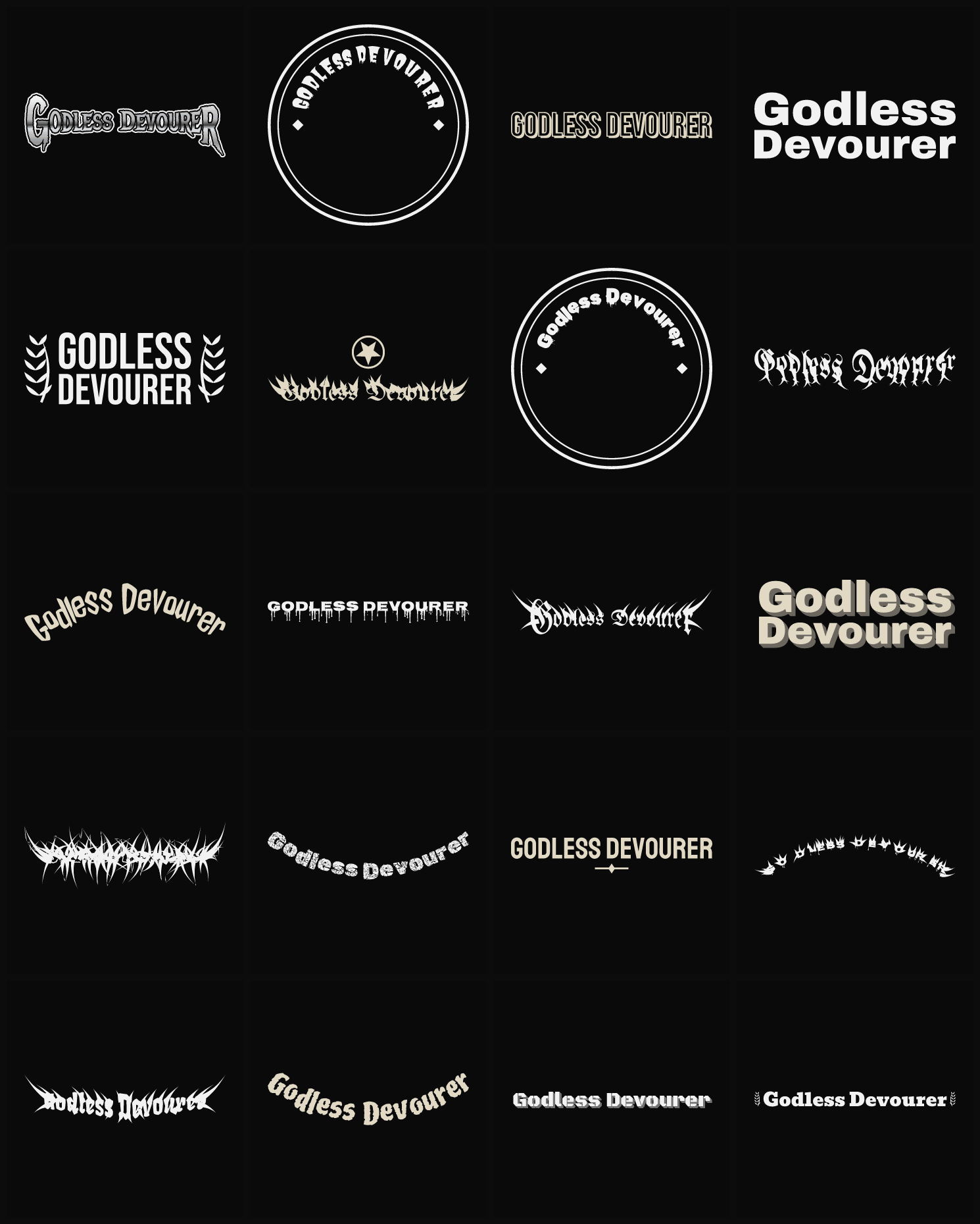 Twenty Godless Devourer band logo ideas — different faces, treatments and spike settings