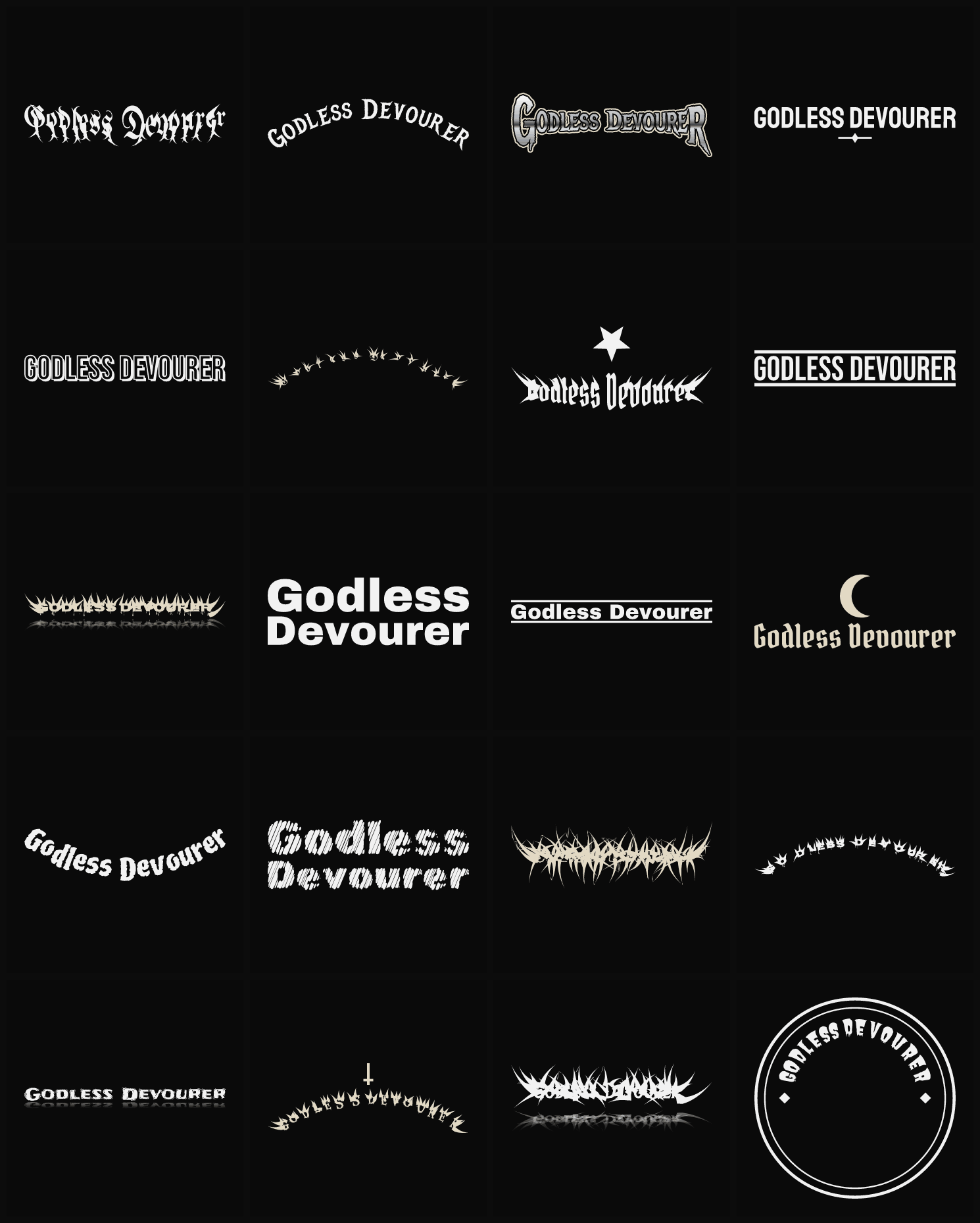 Twenty Godless Devourer band logo ideas — different faces, treatments and spike settings