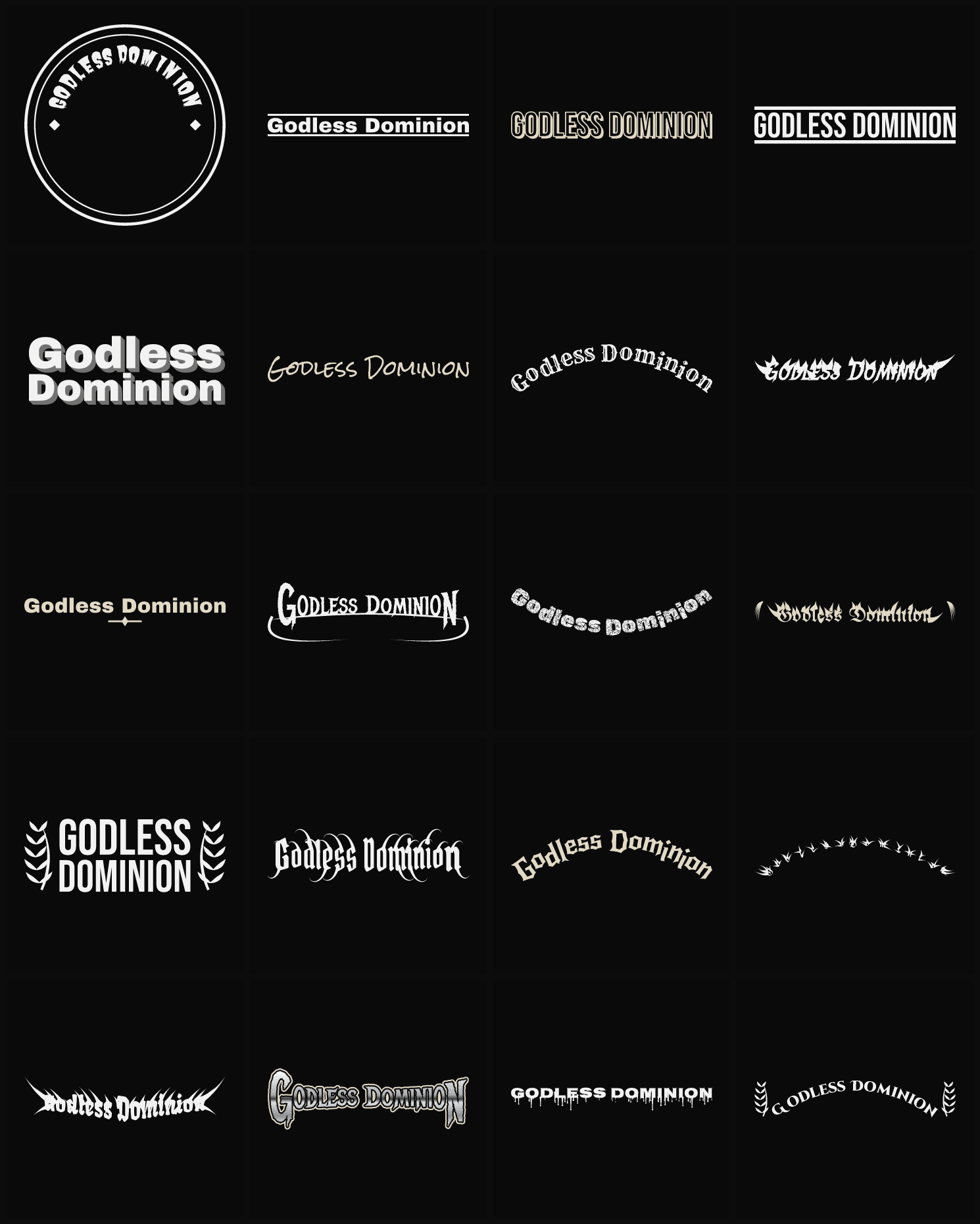 Twenty Godless Dominion band logo ideas — different faces, treatments and spike settings