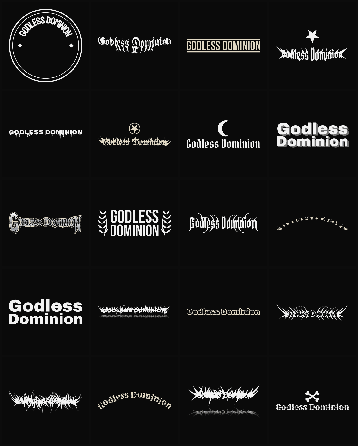 Twenty Godless Dominion band logo ideas — different faces, treatments and spike settings