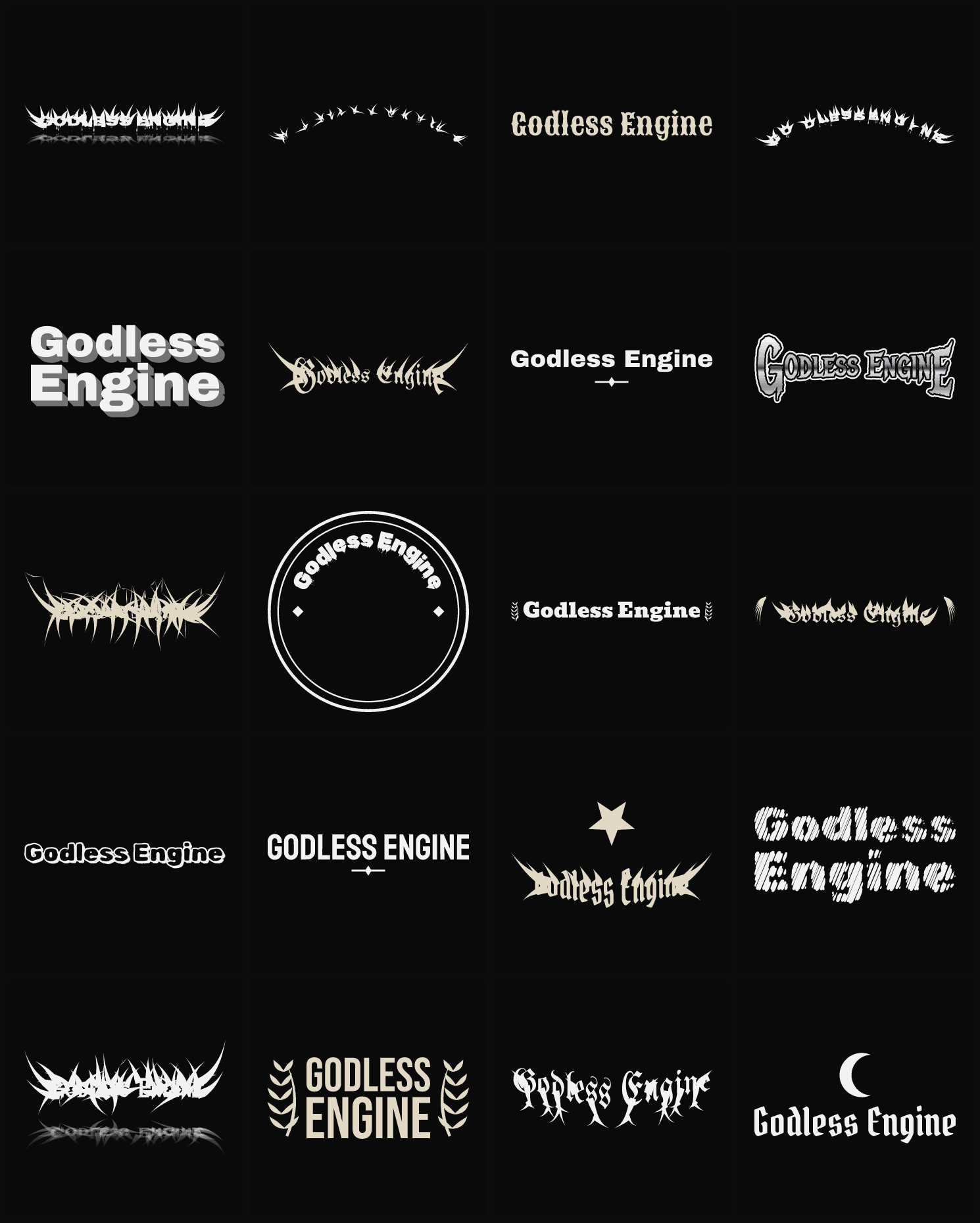 Twenty Godless Engine band logo ideas — different faces, treatments and spike settings