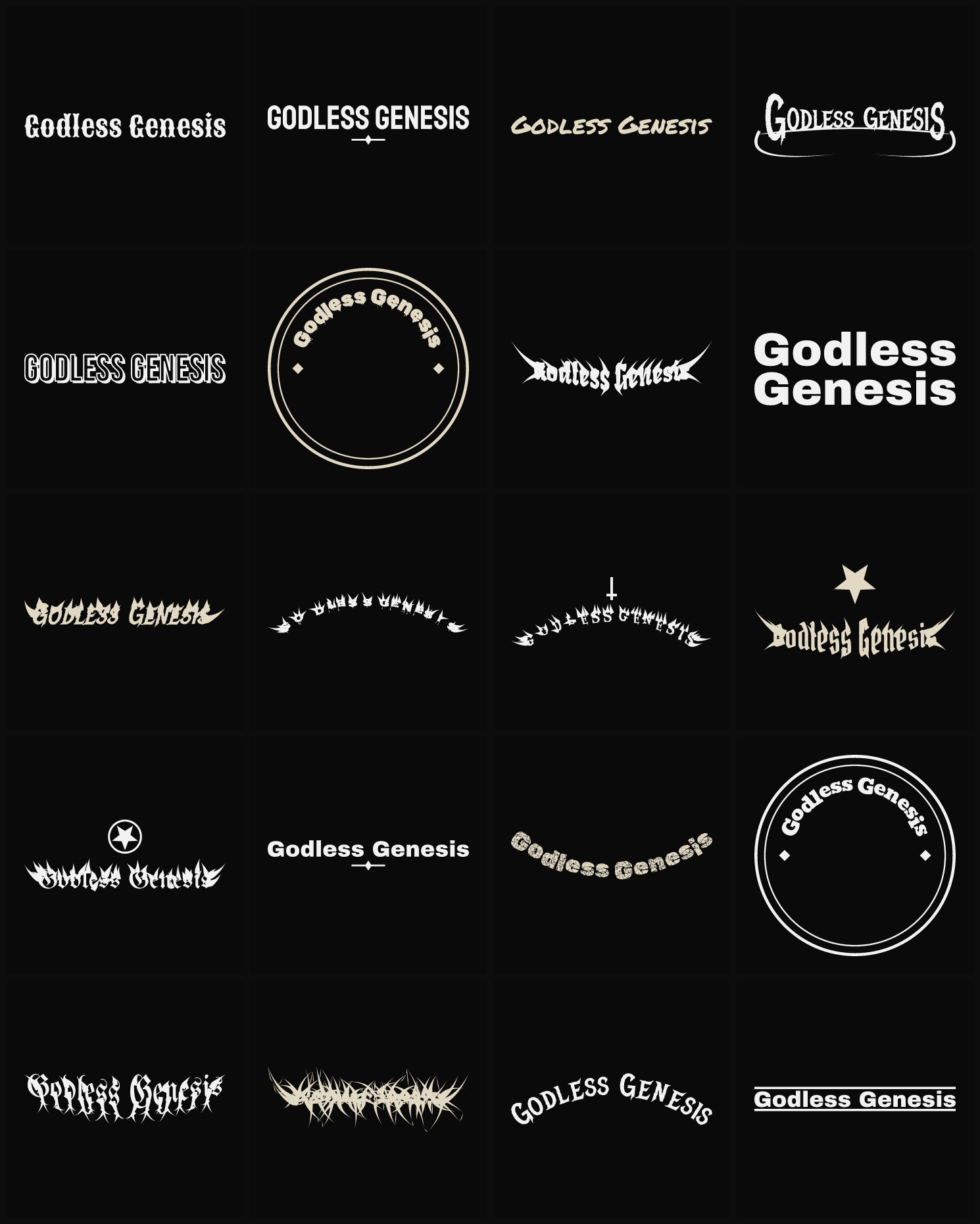 Twenty Godless Genesis band logo ideas — different faces, treatments and spike settings