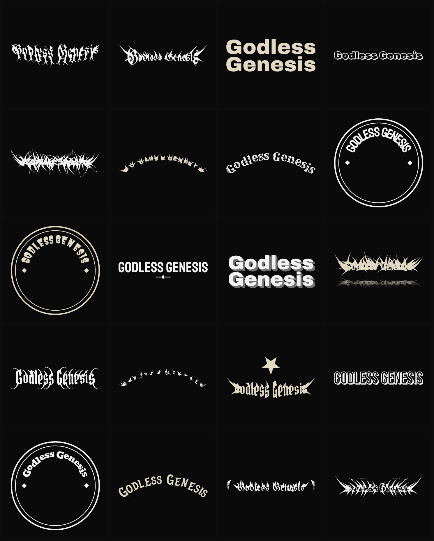 Twenty Godless Genesis band logo ideas — different faces, treatments and spike settings