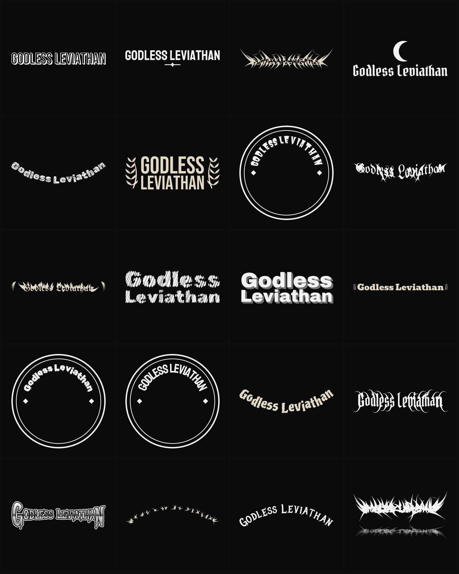 Twenty Godless Leviathan band logo ideas — different faces, treatments and spike settings