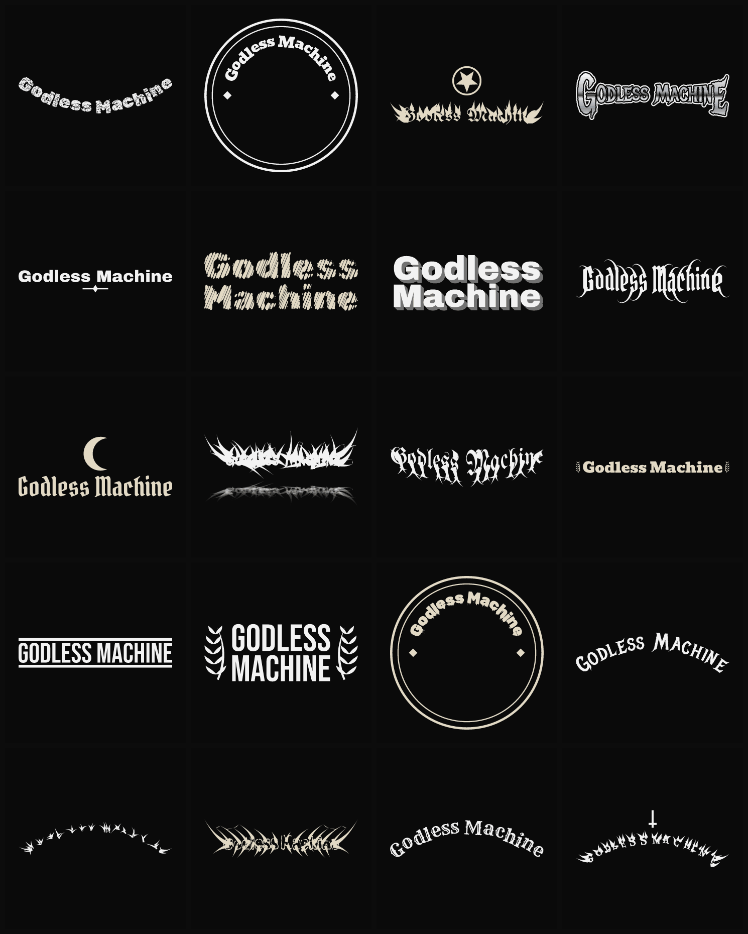 Twenty Godless Machine band logo ideas — different faces, treatments and spike settings