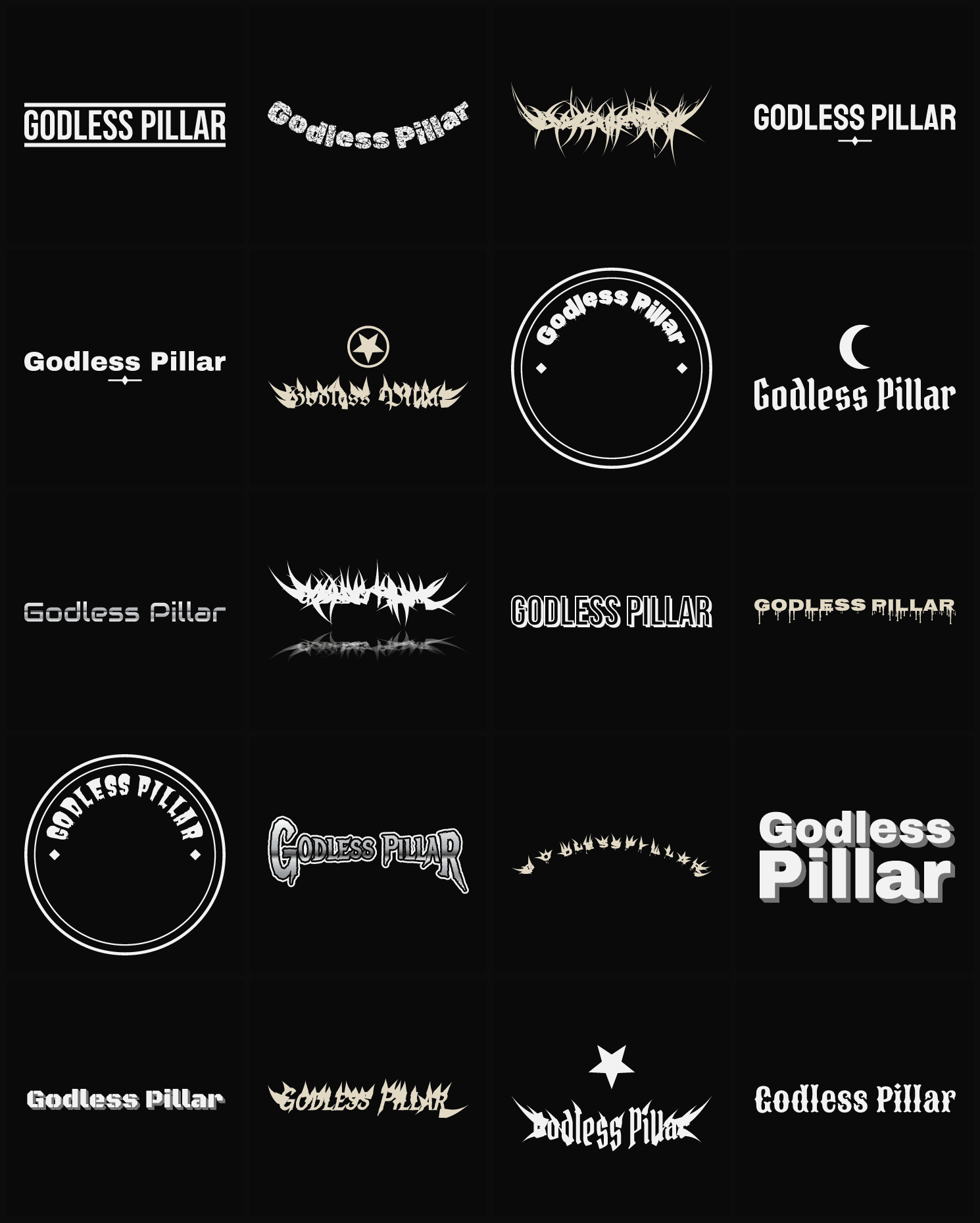 Twenty Godless Pillar band logo ideas — different faces, treatments and spike settings