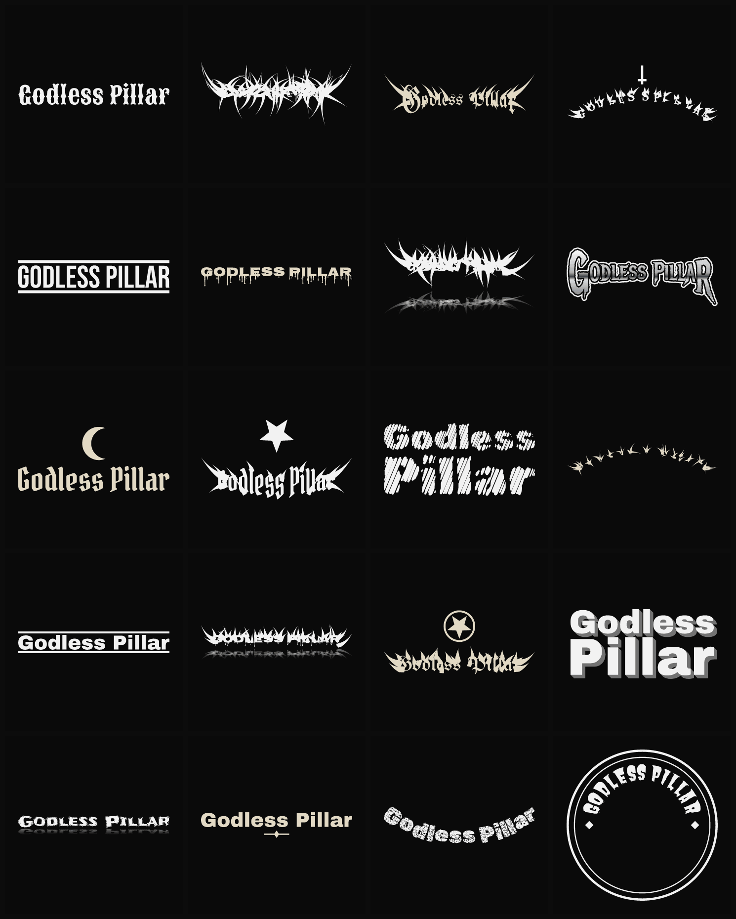 Twenty Godless Pillar band logo ideas — different faces, treatments and spike settings