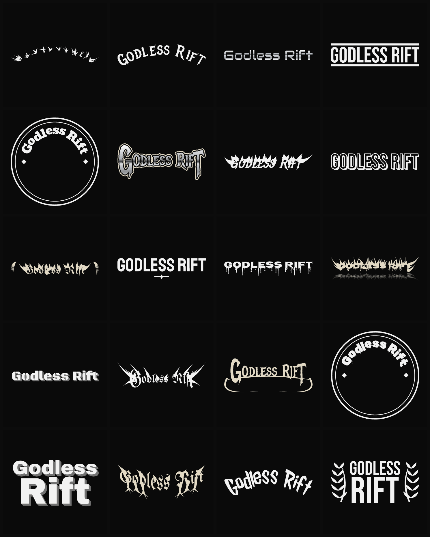 Twenty Godless Rift band logo ideas — different faces, treatments and spike settings