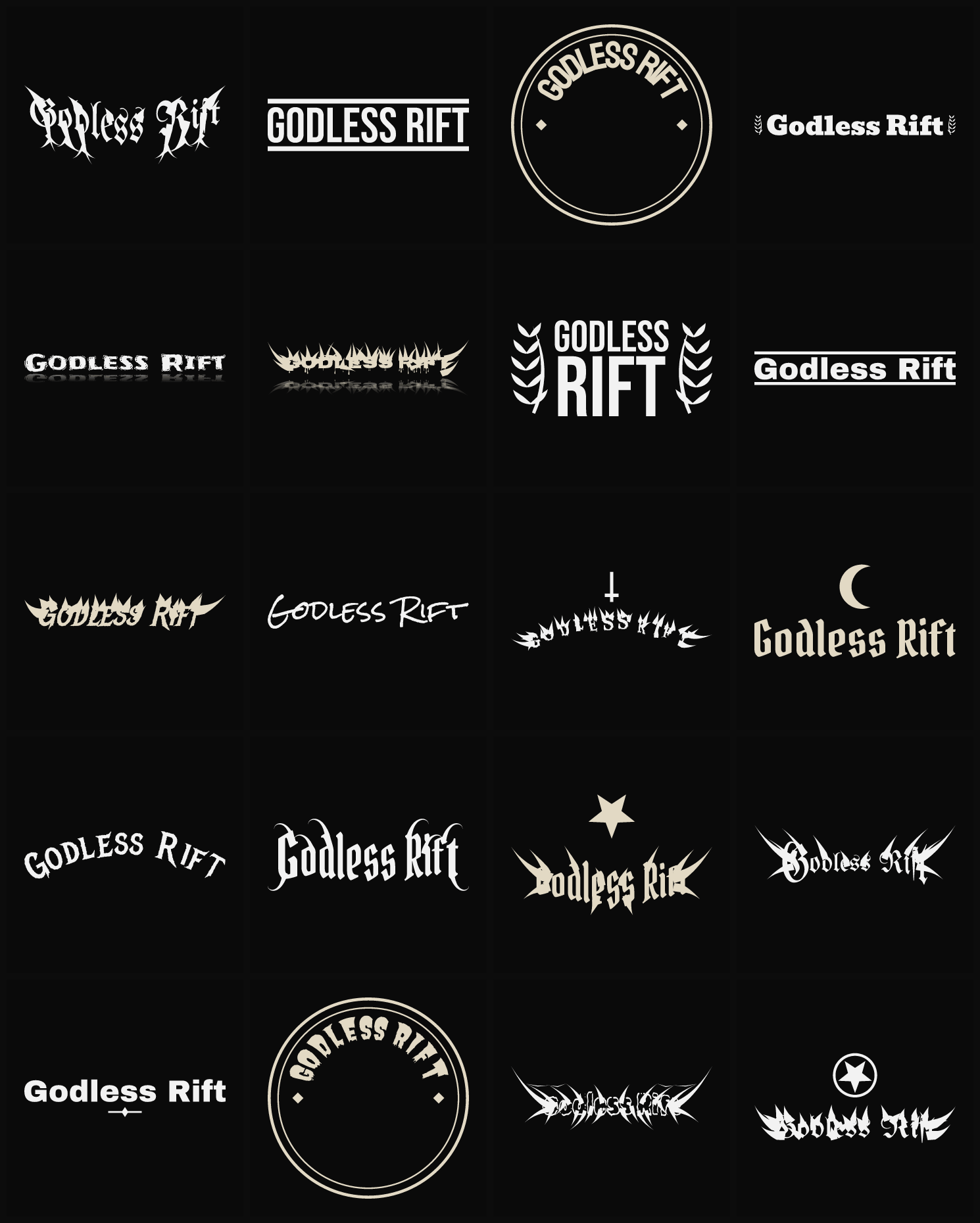Twenty Godless Rift band logo ideas — different faces, treatments and spike settings