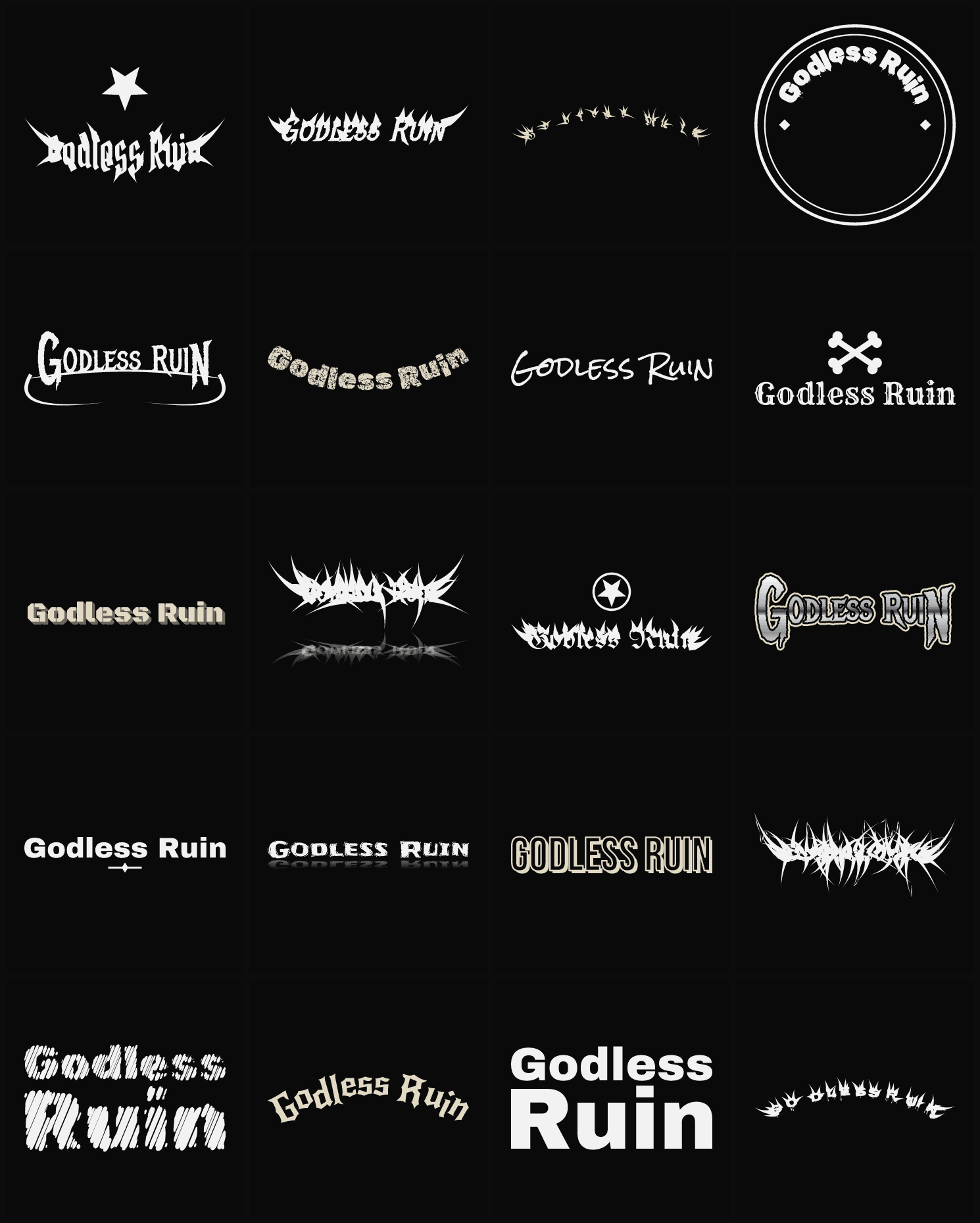 Twenty Godless Ruin band logo ideas — different faces, treatments and spike settings