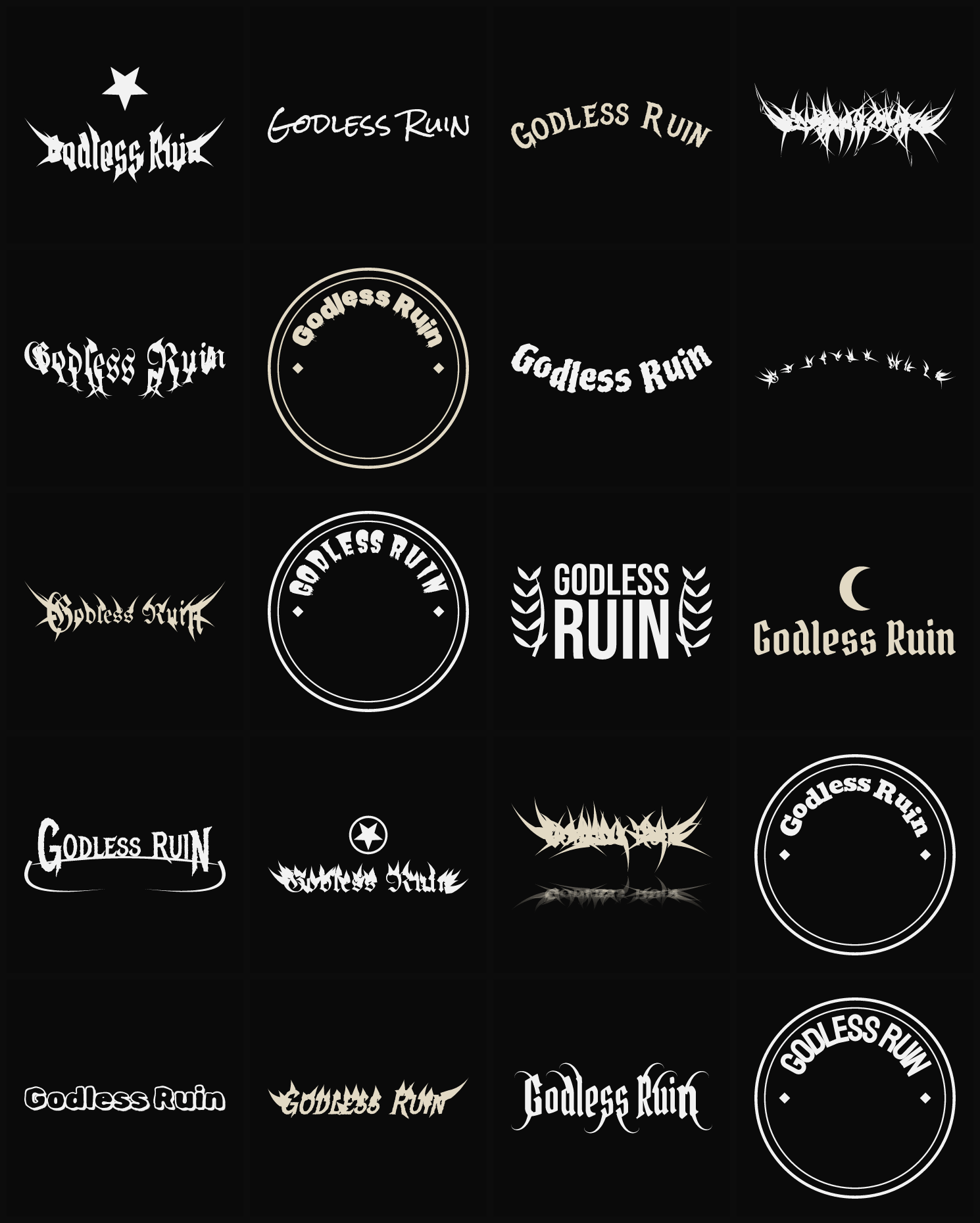 Twenty Godless Ruin band logo ideas — different faces, treatments and spike settings